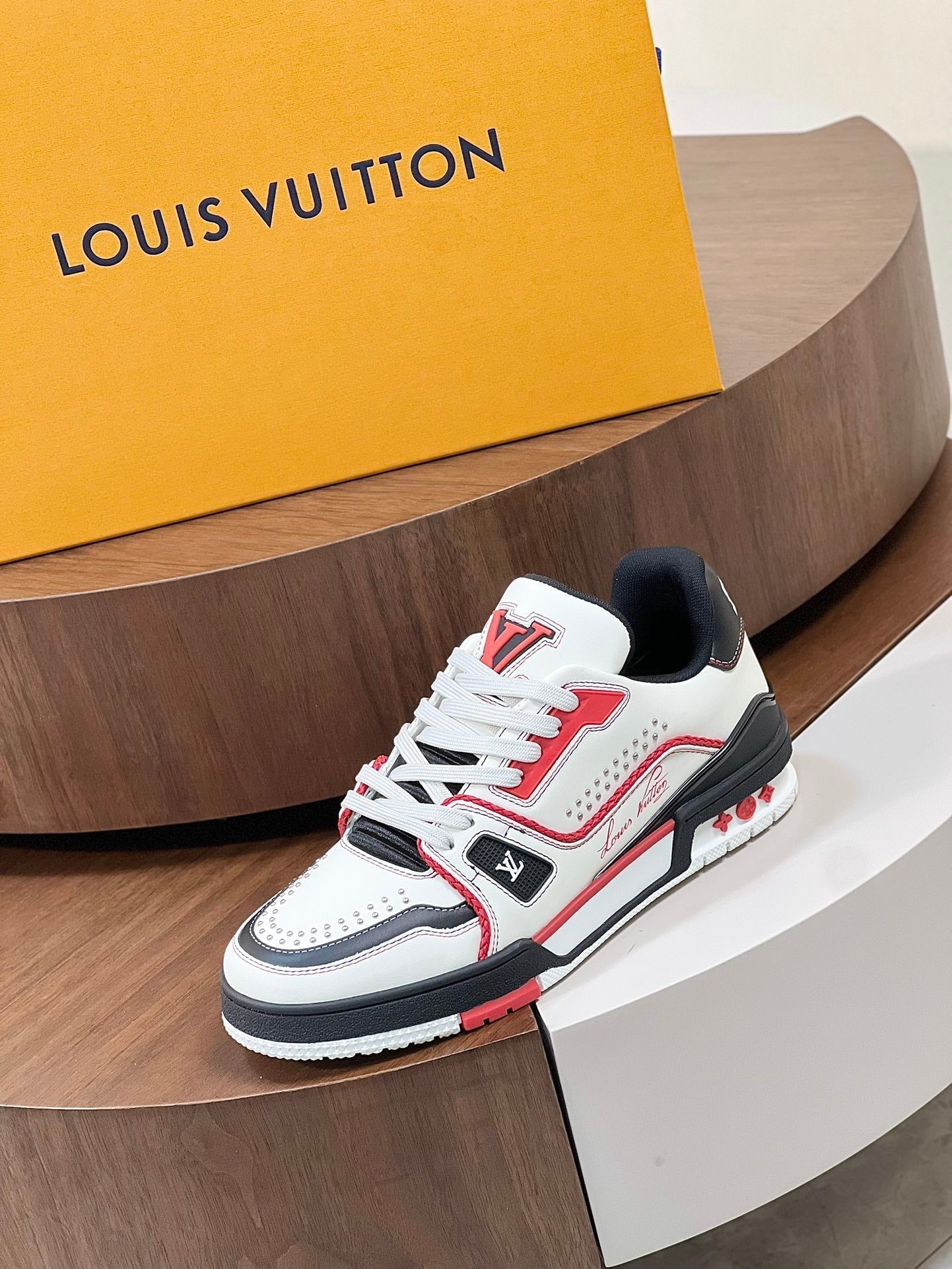 LV TRAINER WHITE MIX BLACK AND RED MONOGRAM CALFSKIN