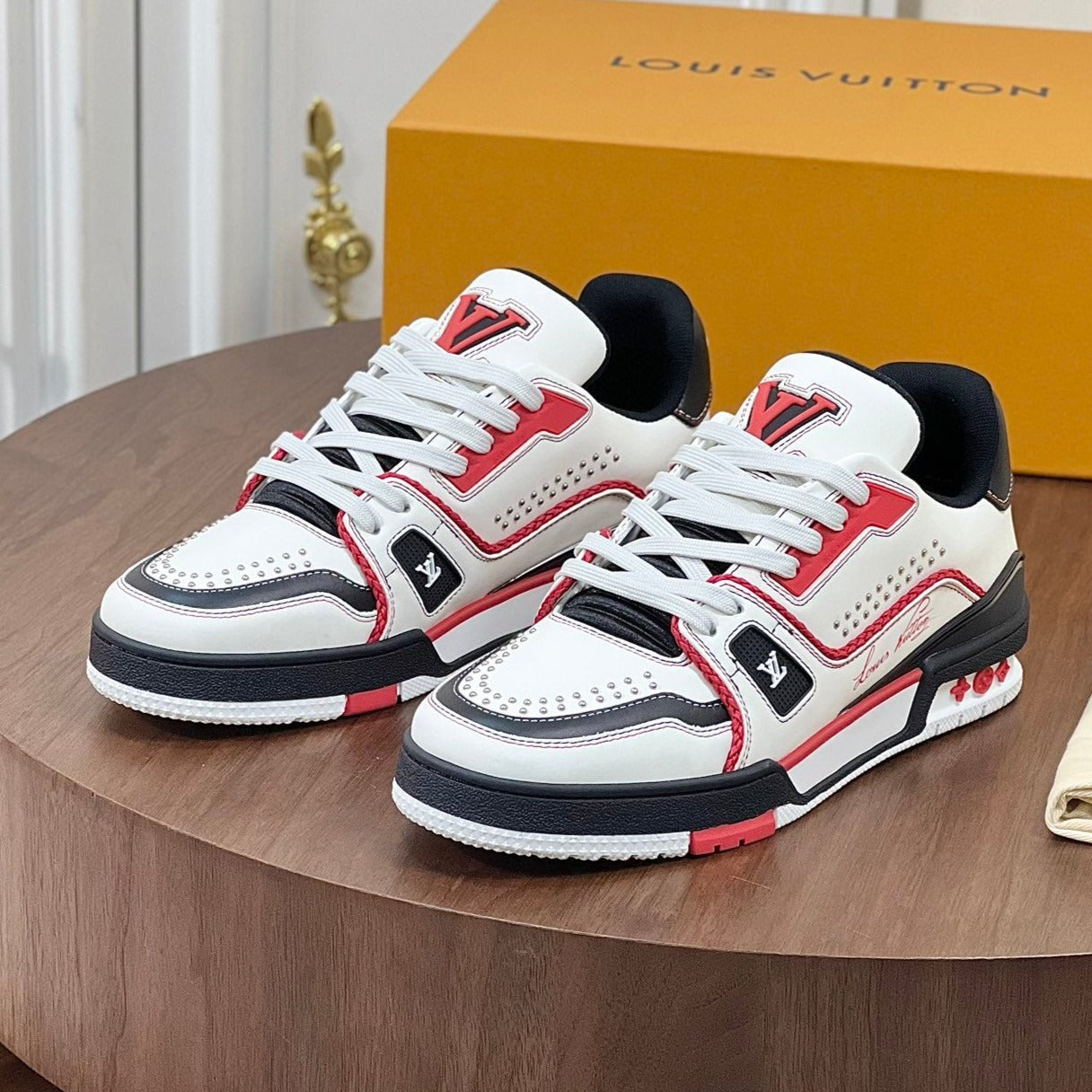 LV TRAINER WHITE MIX BLACK AND RED MONOGRAM CALFSKIN