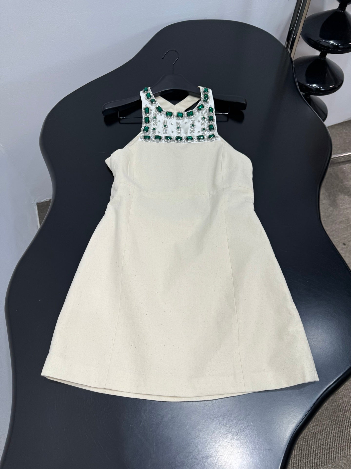 Miumiu 2026 Rhinestone Dress Cream Green Cotton