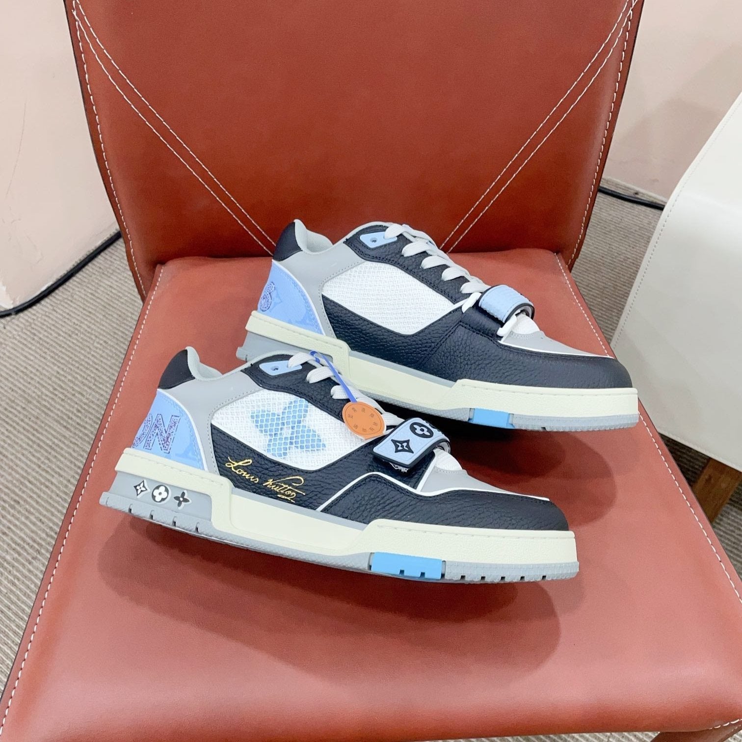 LV Trainer Sneaker Velcro Strap Blue Cowhide