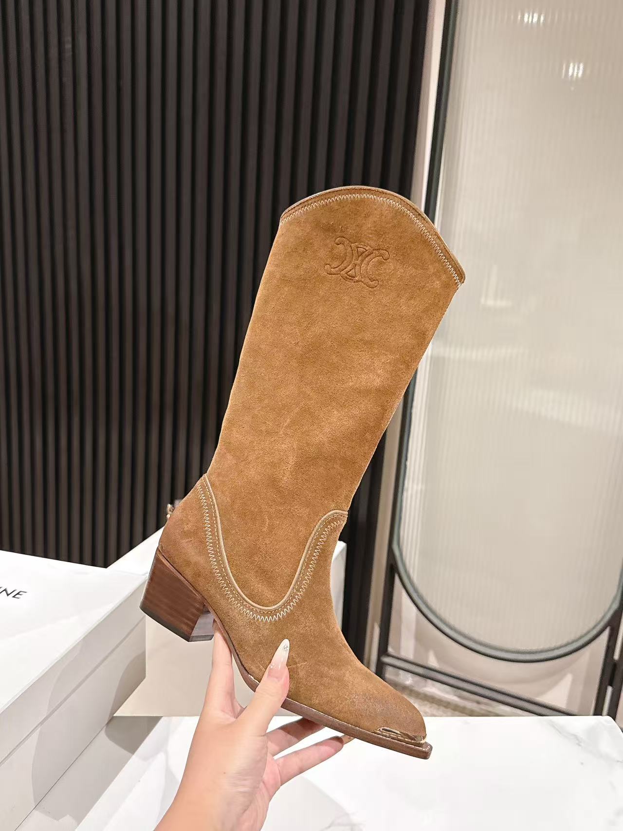 CELINE 25 Mid Calf Cowboy Boots Brown Suede 434425