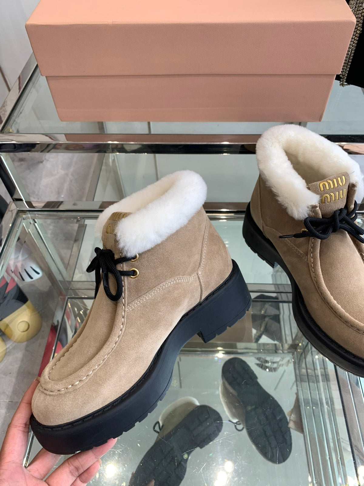 Miu Ankle Boots Khaki Brown Open-Hemmed Cowhide