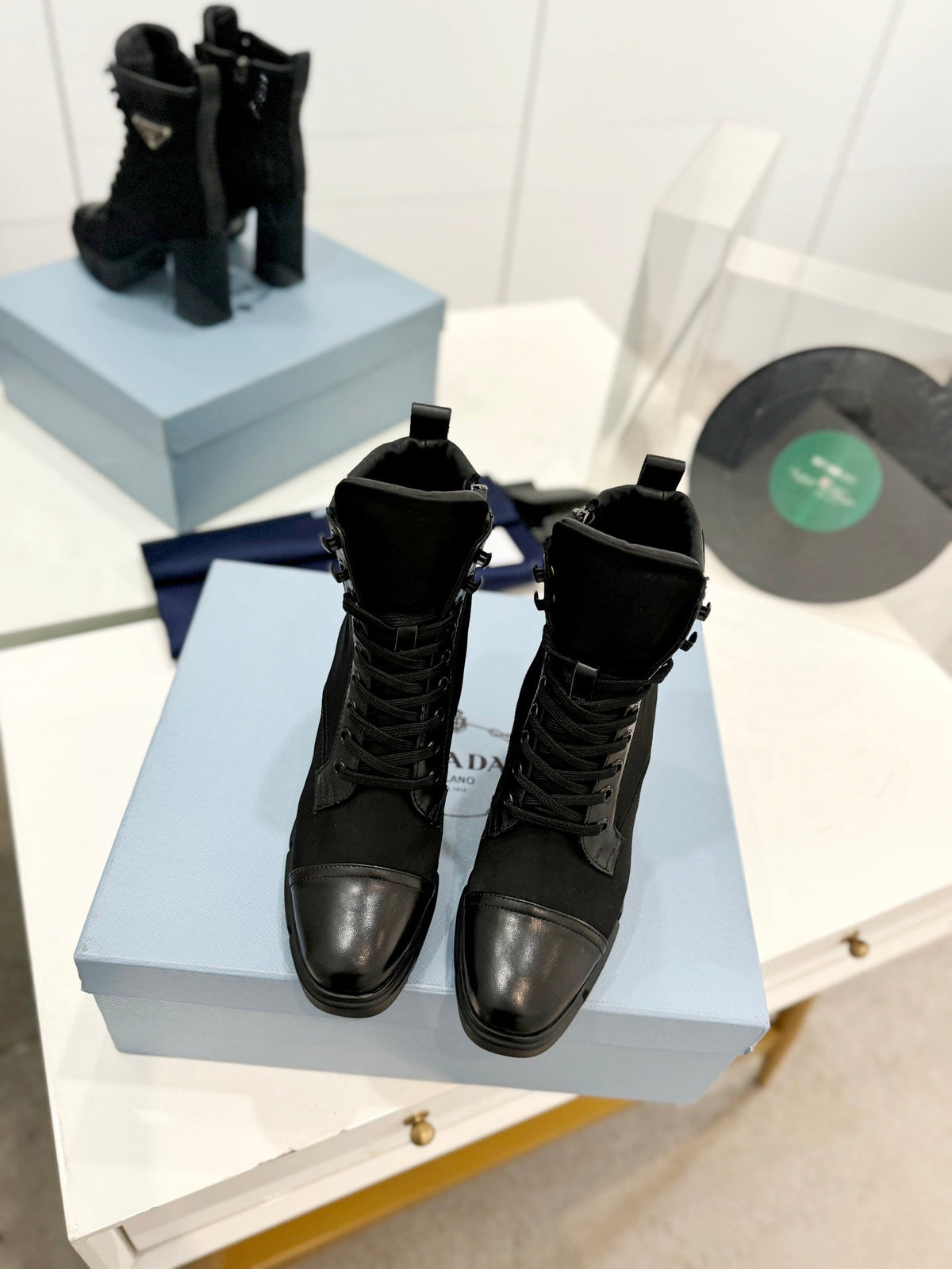 PRA RE-NYLON AND LEATHER BOOTIES BLACK
