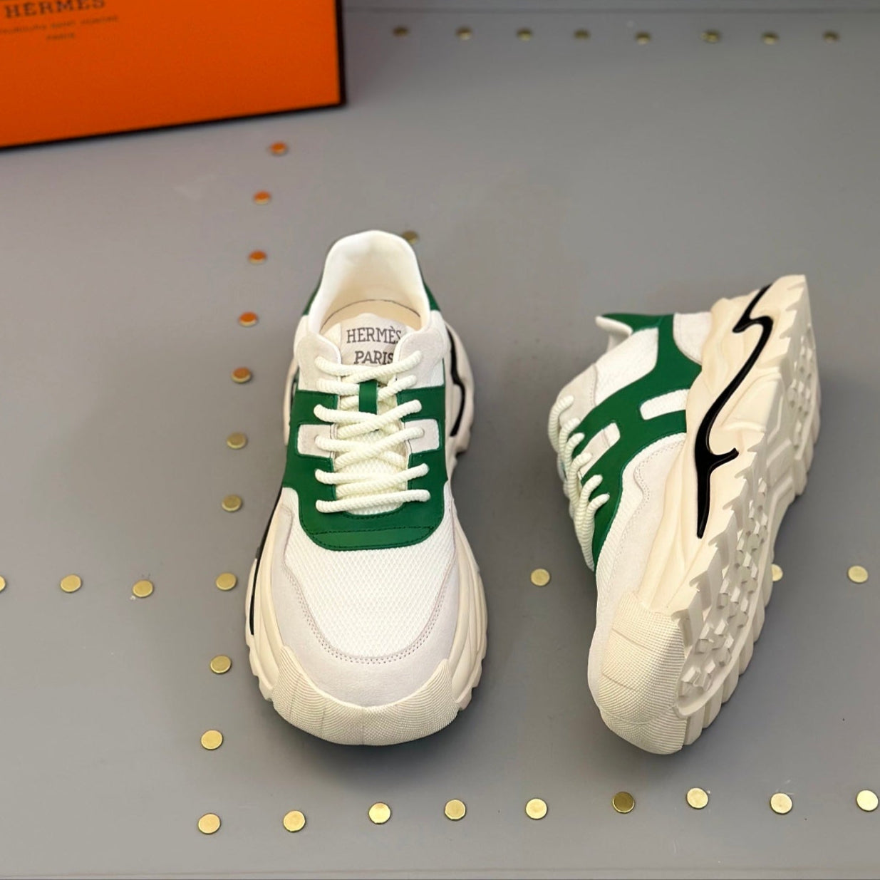 HM Men's Sneaker White Green Mesh Calfskin 541263