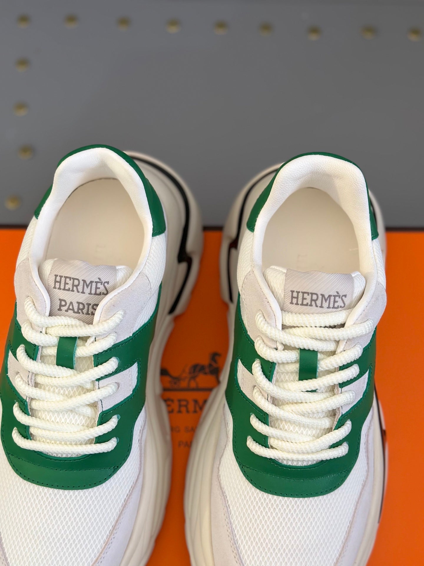 HM Men's Sneaker White Green Mesh Calfskin 541263
