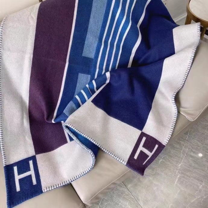 HM Avalon Throw Blanket Ecru Indigo Wool Cashmere