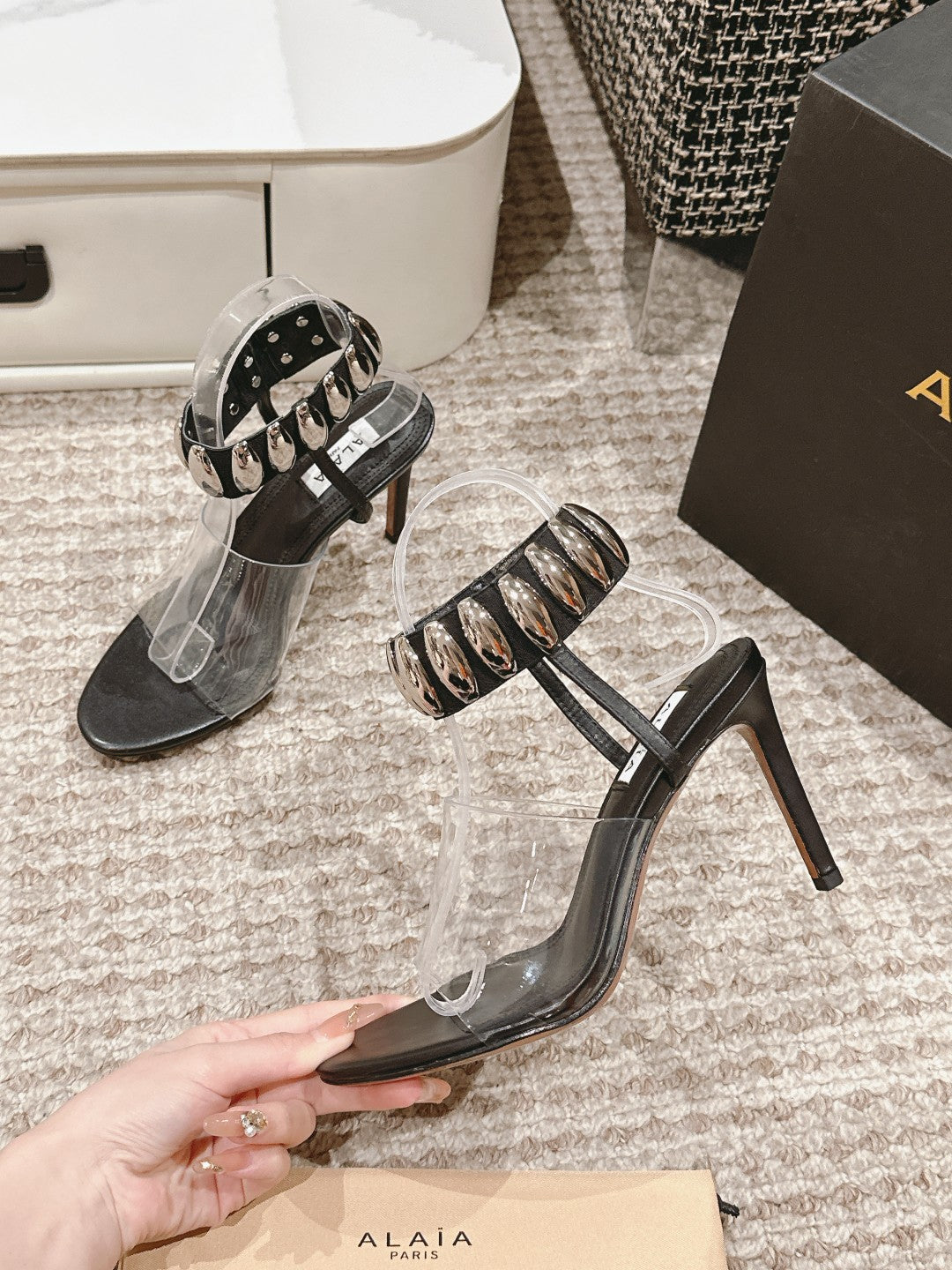 ALAIA HIGH SANDAL IN BLACK CALFSKN AND FILM WITH CRYSTAL