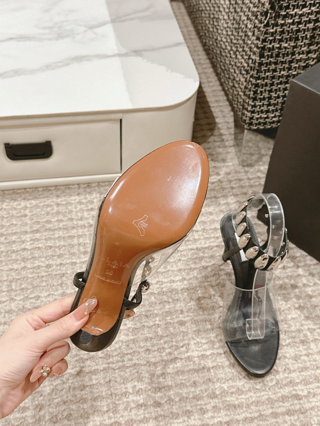ALAIA HIGH SANDAL IN BLACK CALFSKN AND FILM WITH CRYSTAL