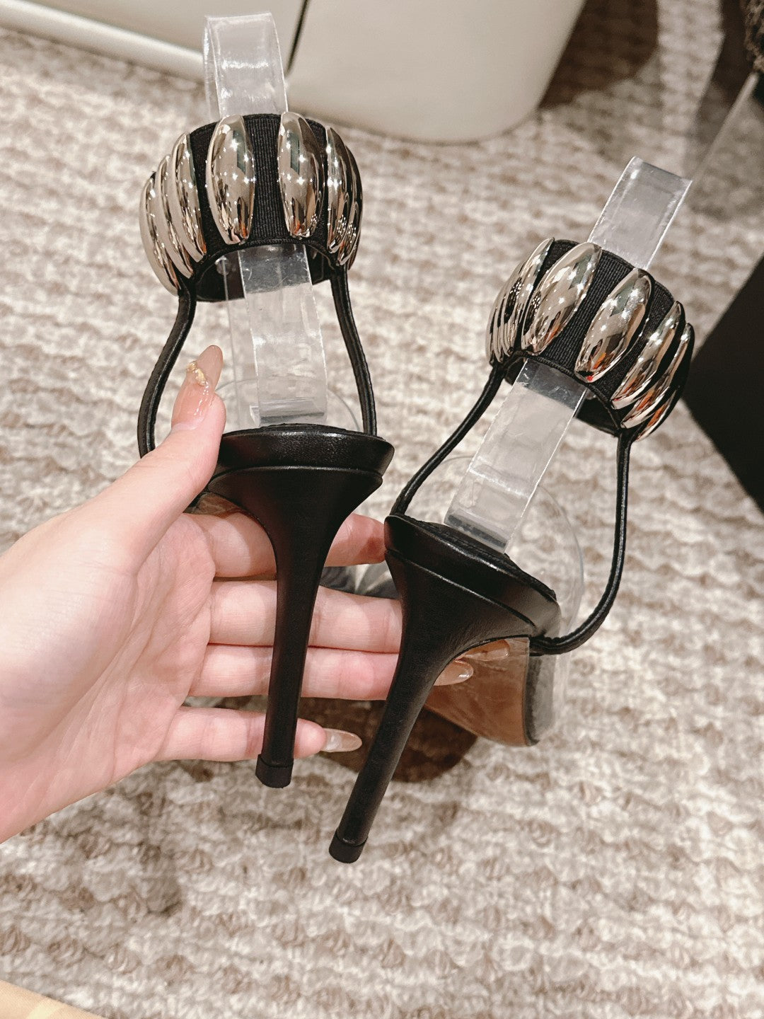ALAIA HIGH SANDAL IN BLACK CALFSKN AND FILM WITH CRYSTAL