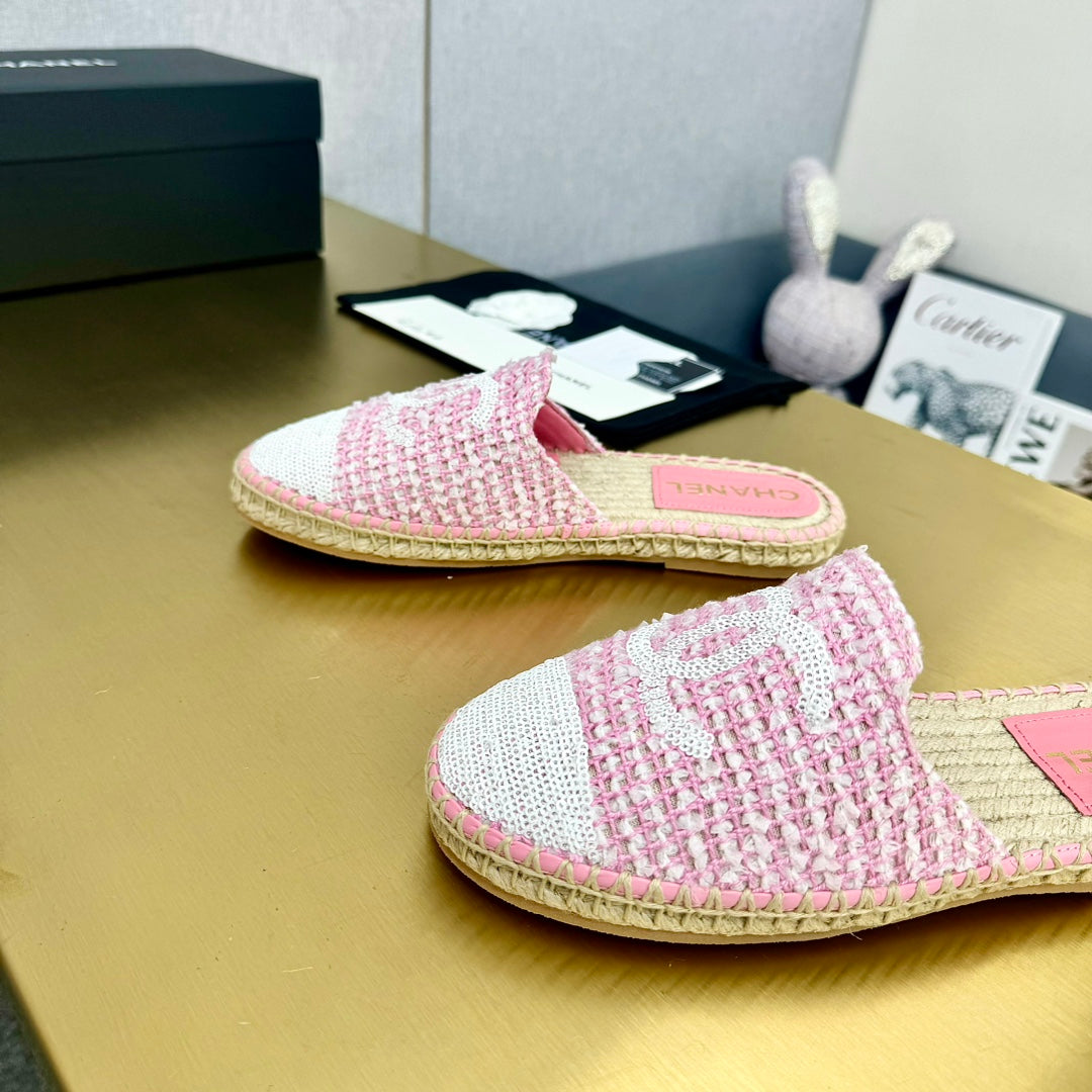 espadrilles mule pink white tweed cotton white sequin