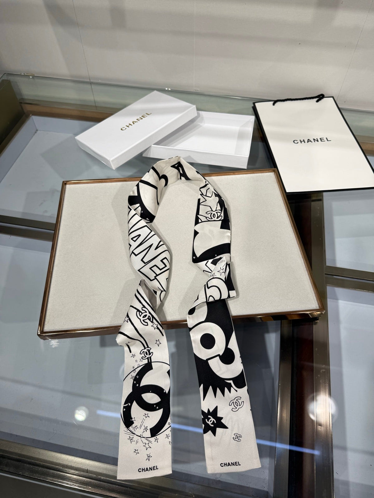 Chanel 2026 Bandeau Scarf 120cm Black White Silk 215591