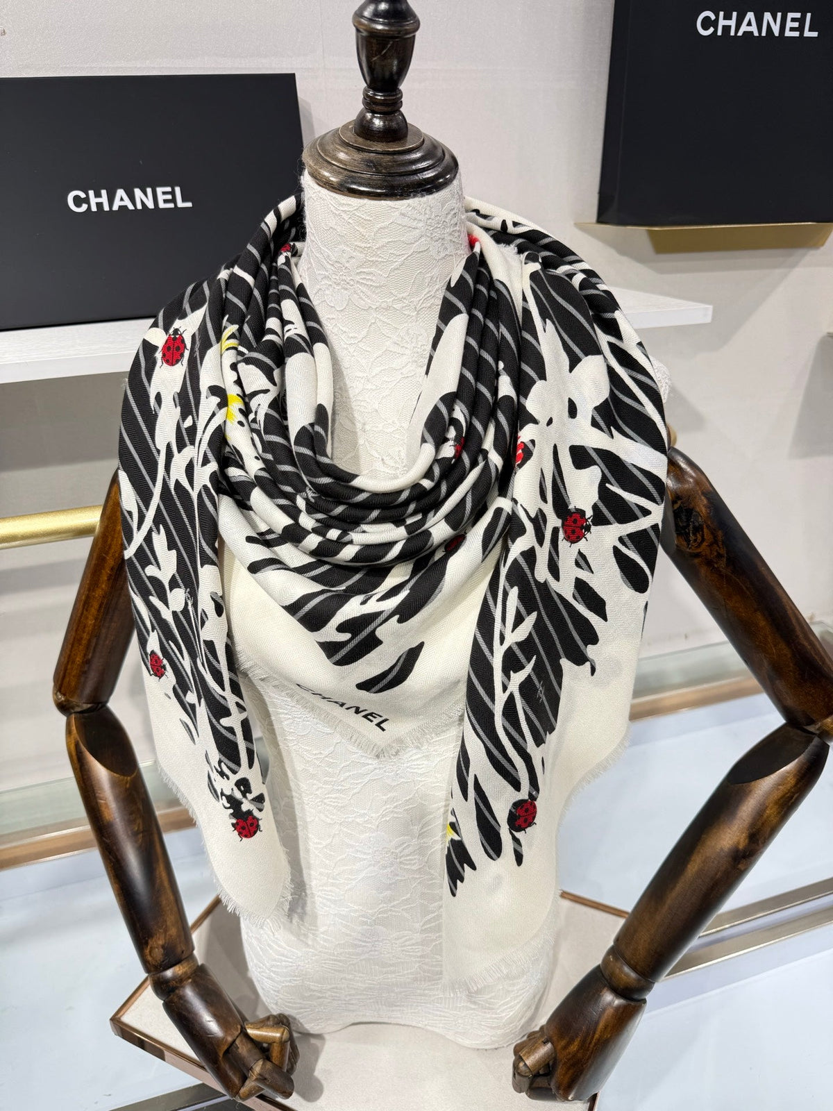 Chanel 2026 Floral Square Scarf 140cm Black Cashmere Silk 218856