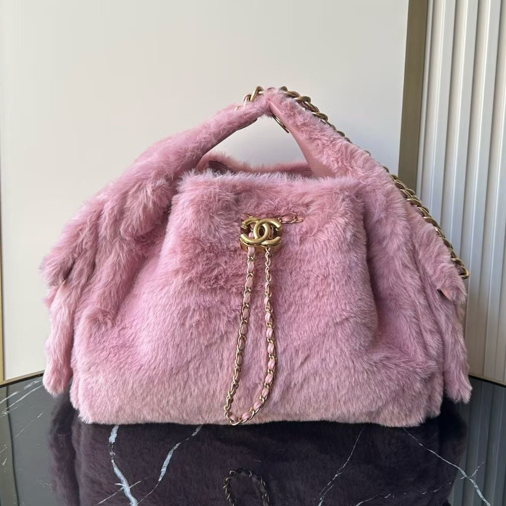 Chane 2026 Hobo Bag 30cm Pink Fur Leather