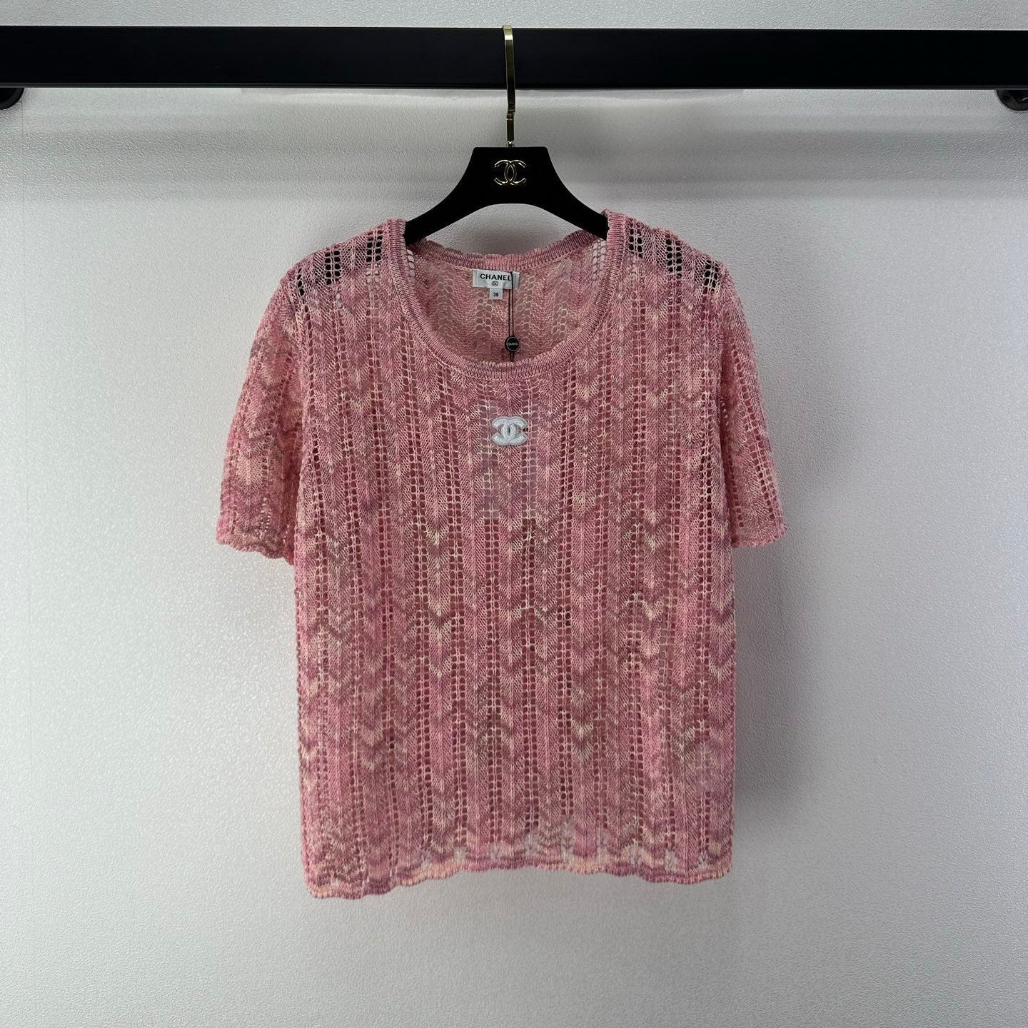 Chanel 2026 Openwork Knit Short Sleeve Pink Cotton 395623
