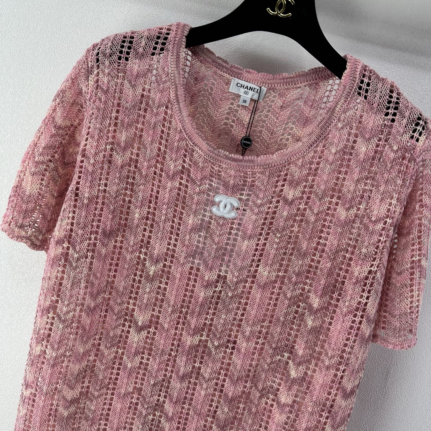 Chanel 2026 Openwork Knit Short Sleeve Pink Cotton 395623