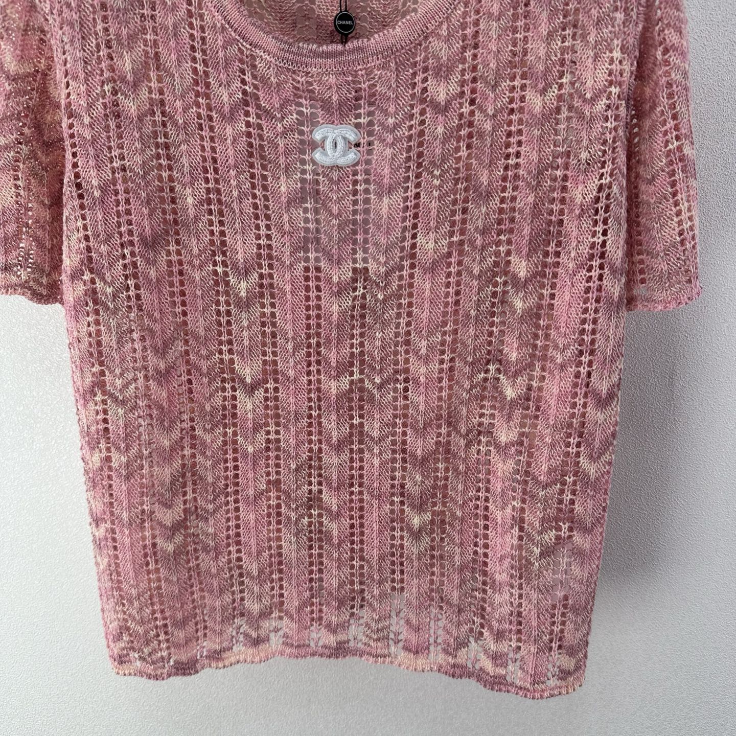 Chanel 2026 Openwork Knit Short Sleeve Pink Cotton 395623
