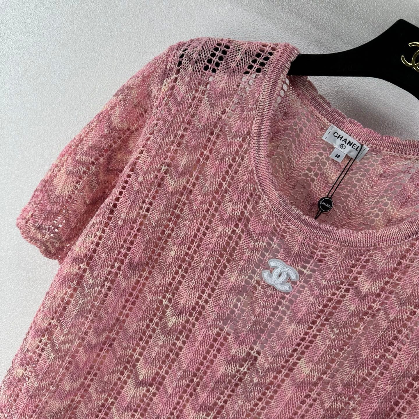 Chanel 2026 Openwork Knit Short Sleeve Pink Cotton 395623