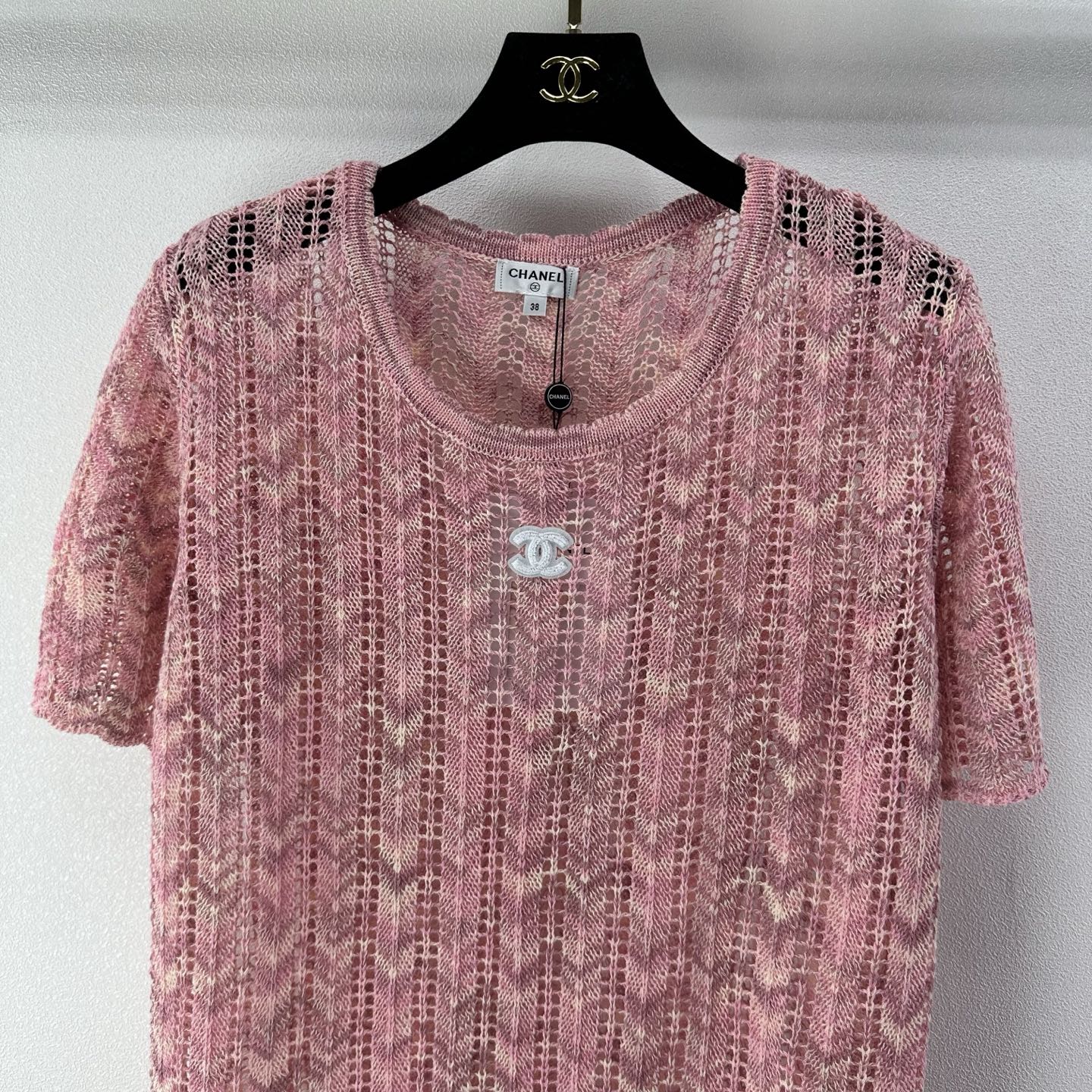 Chanel 2026 Openwork Knit Short Sleeve Pink Cotton 395623