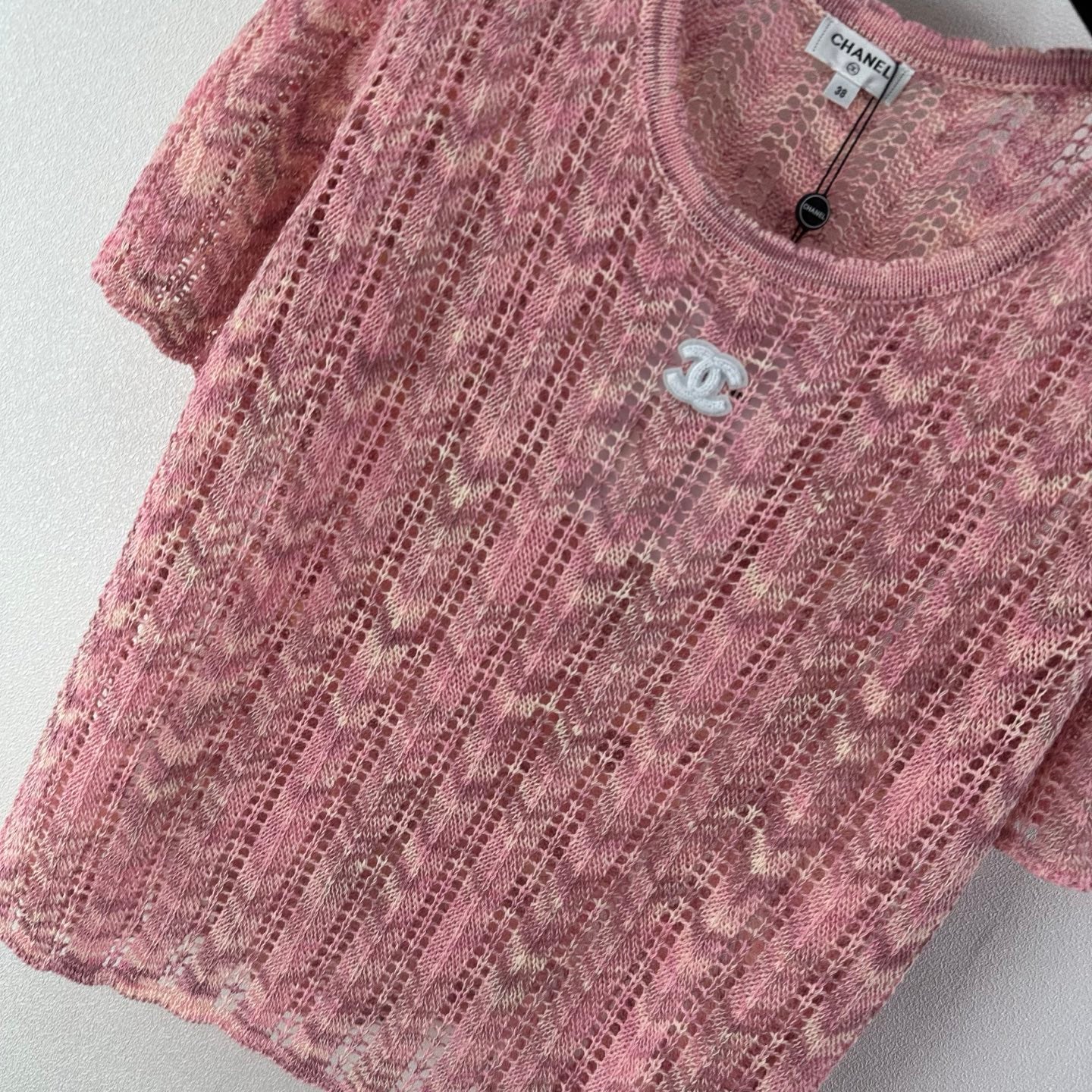 Chanel 2026 Openwork Knit Short Sleeve Pink Cotton 395623