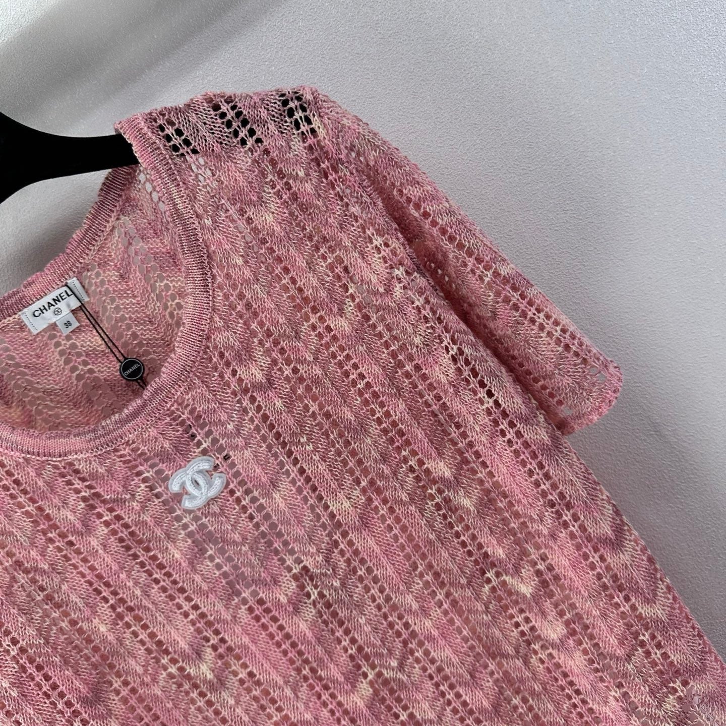 Chanel 2026 Openwork Knit Short Sleeve Pink Cotton 395623