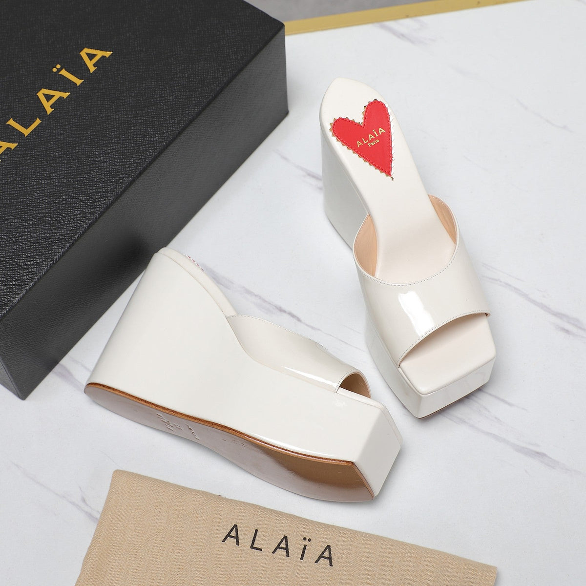 ALAIA PLATFORM WEDGE IN WHITE TAN LAMBSKIN WITH RED HEART