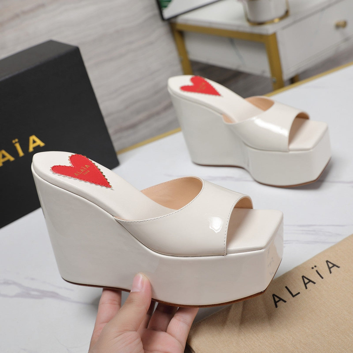 ALAIA PLATFORM WEDGE IN WHITE TAN LAMBSKIN WITH RED HEART