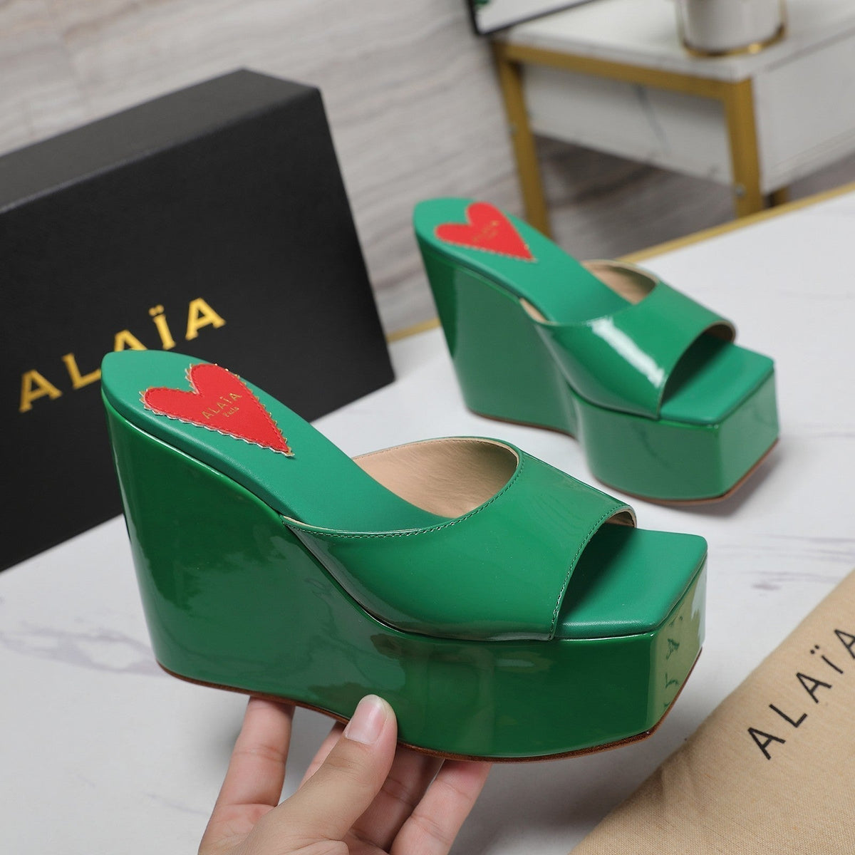 ALAIA PLATFORM WEDGE IN COOL GREEN LAMBSKIN WITH RED HEART