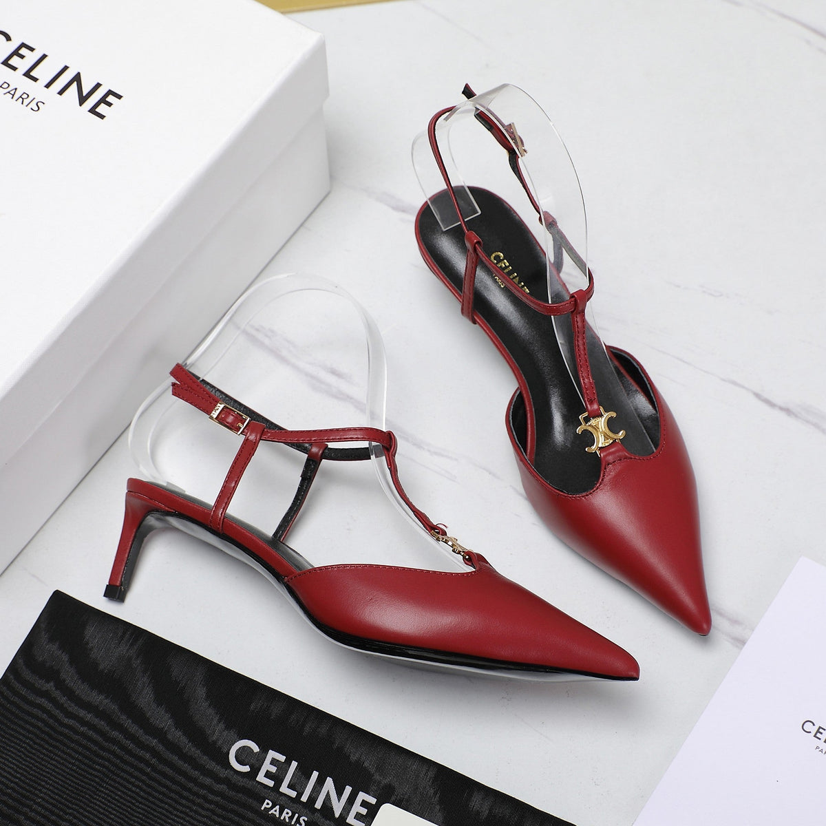 HIGH 5 CM SLINGBACK IN CHERRY RED CALFSKIN WITH GOLD LOGO
