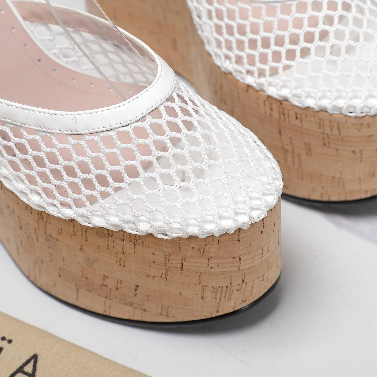 ALAIA WEDGE SANDAL IN WHITE MESH AND BEIGE RUBBER