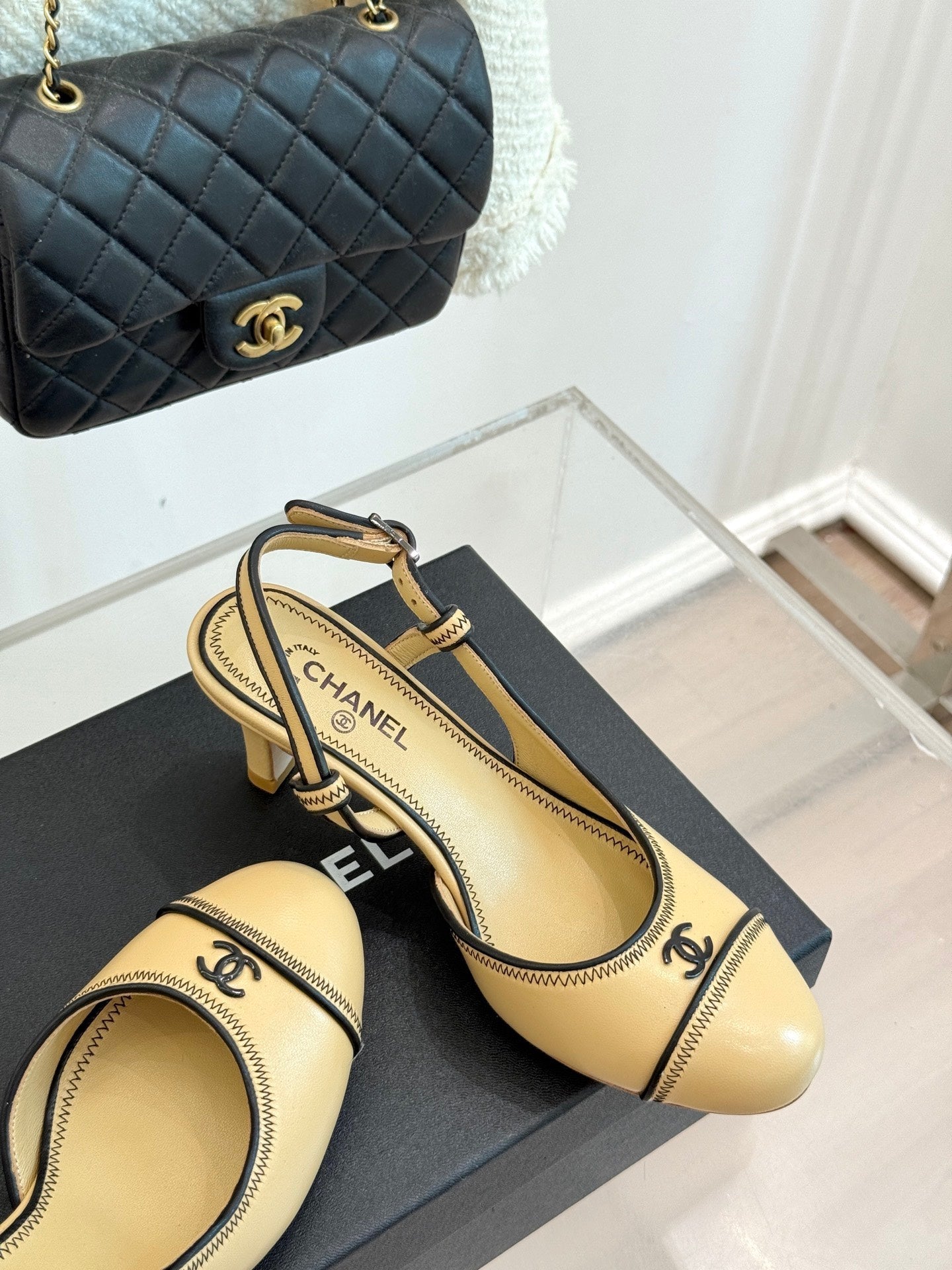 Chanel 25 Slingback Beige Black Sheepskin 473058