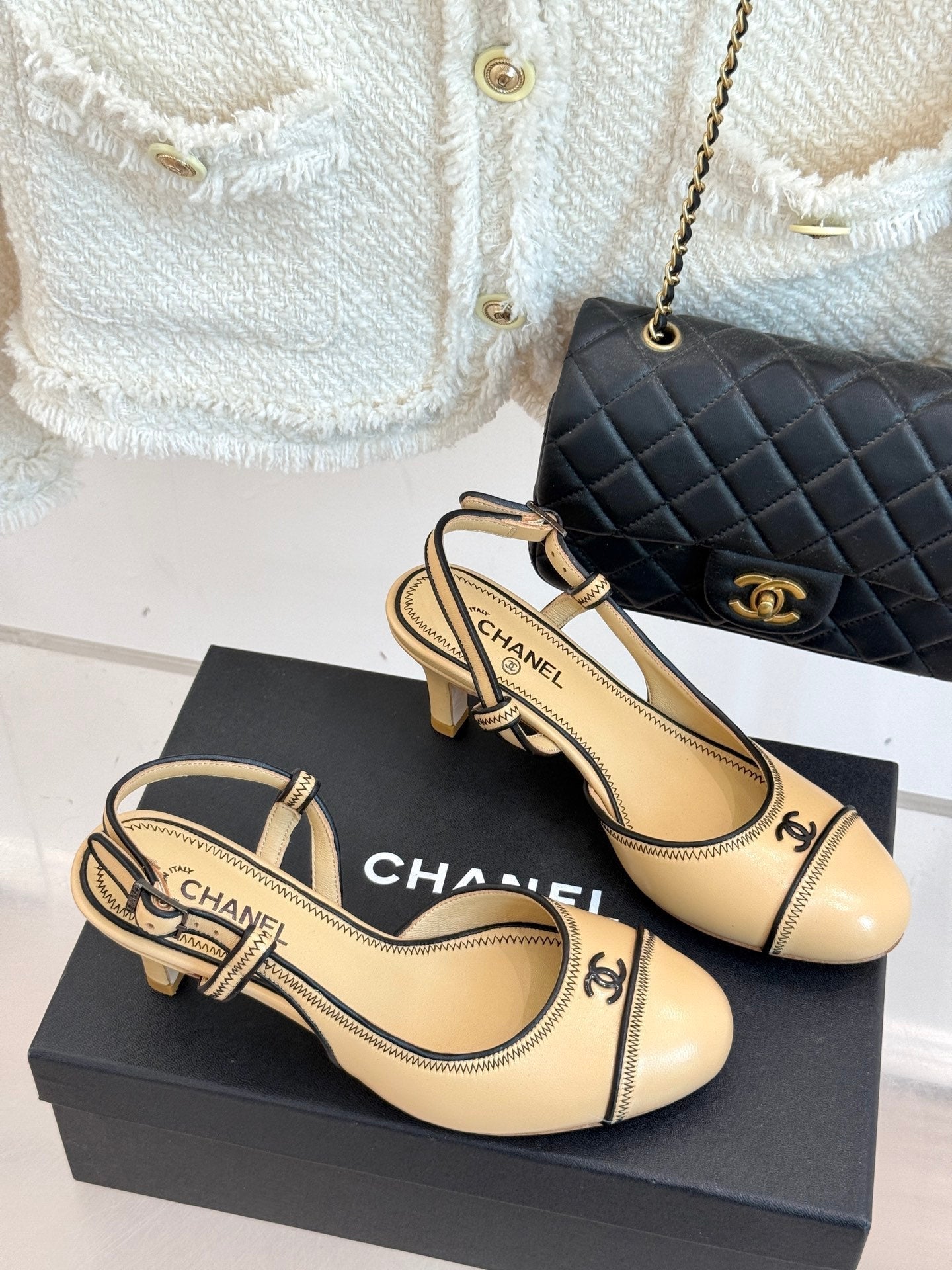 Chanel 25 Slingback Beige Black Sheepskin 473058