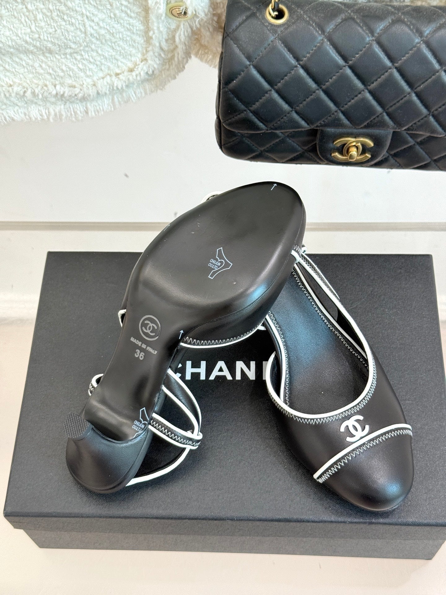 Chanel 25 Slingback Black White Sheepskin 473060