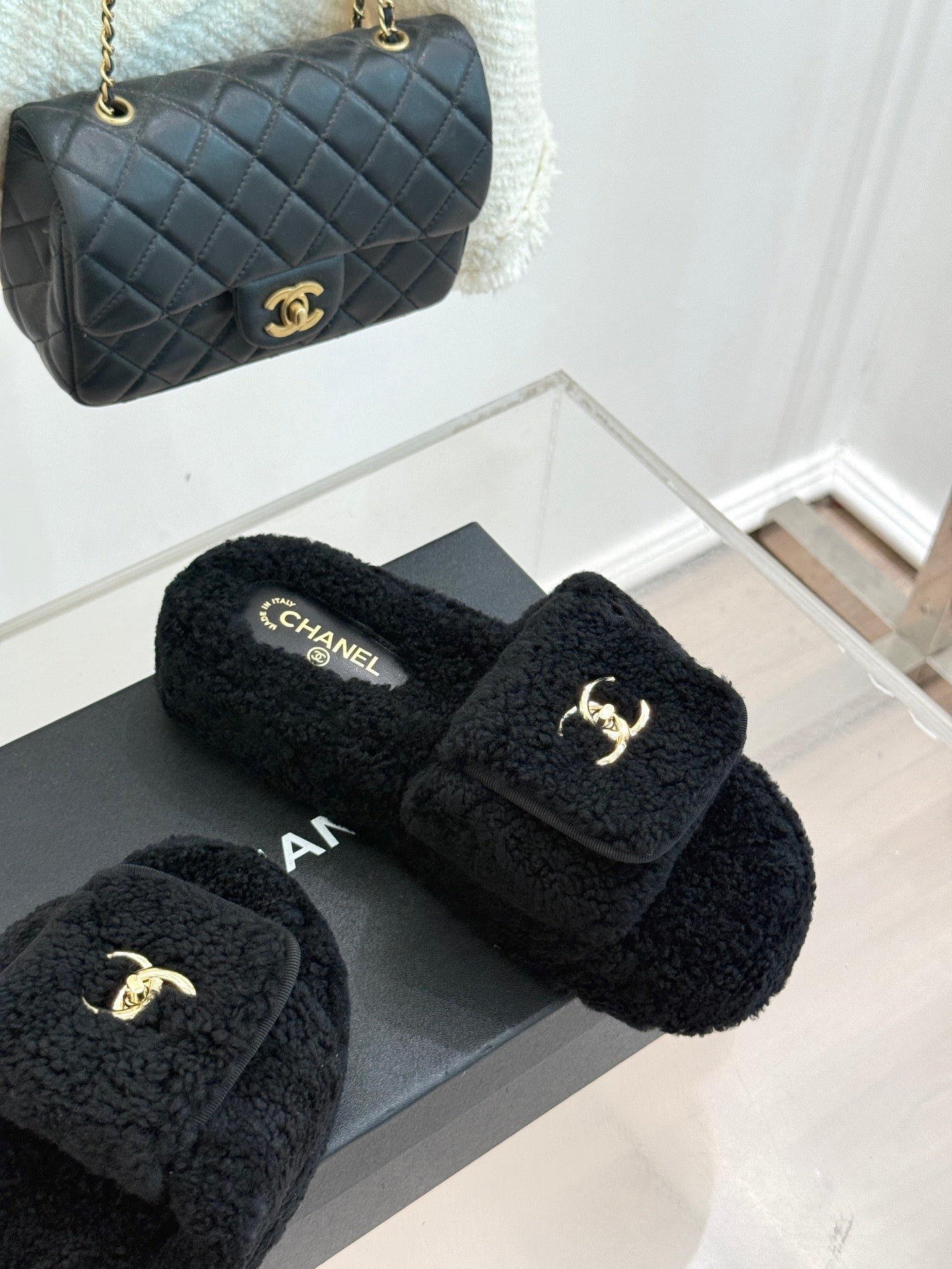 Chanel 25 Buckle Flip-up Thick-soled Slippers Black Wool 465386
