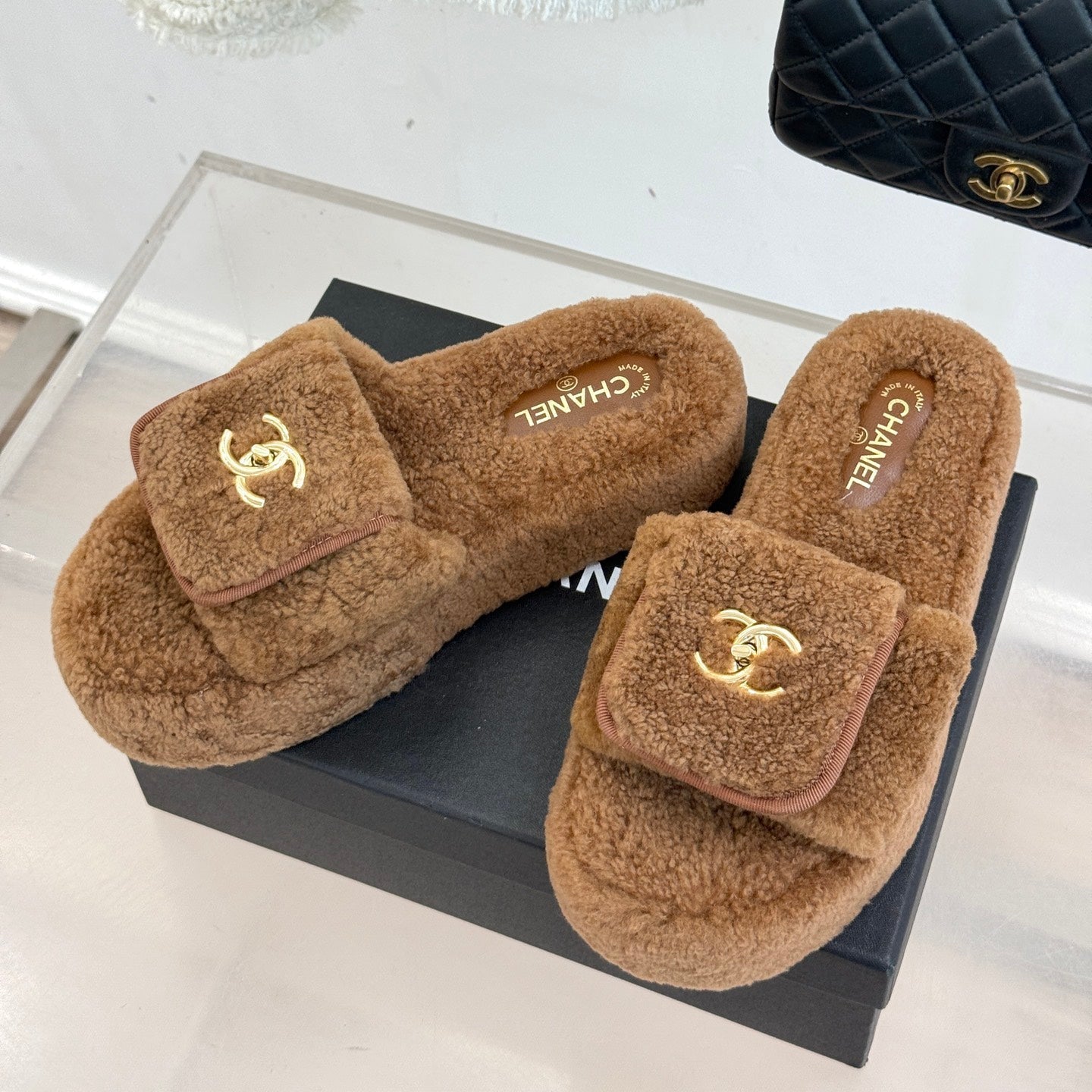 Chanel 25 Buckle Flip-up Thick-soled Slippers Brown Wool 465384