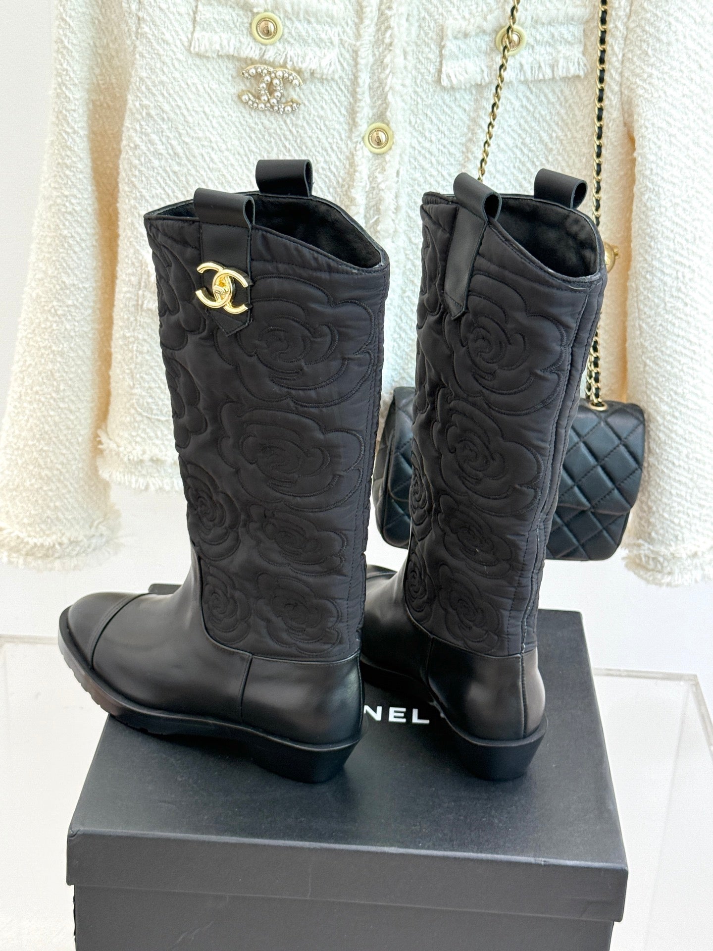 CC cowboy mid-calf boots black sheepskin denim fabric 511980