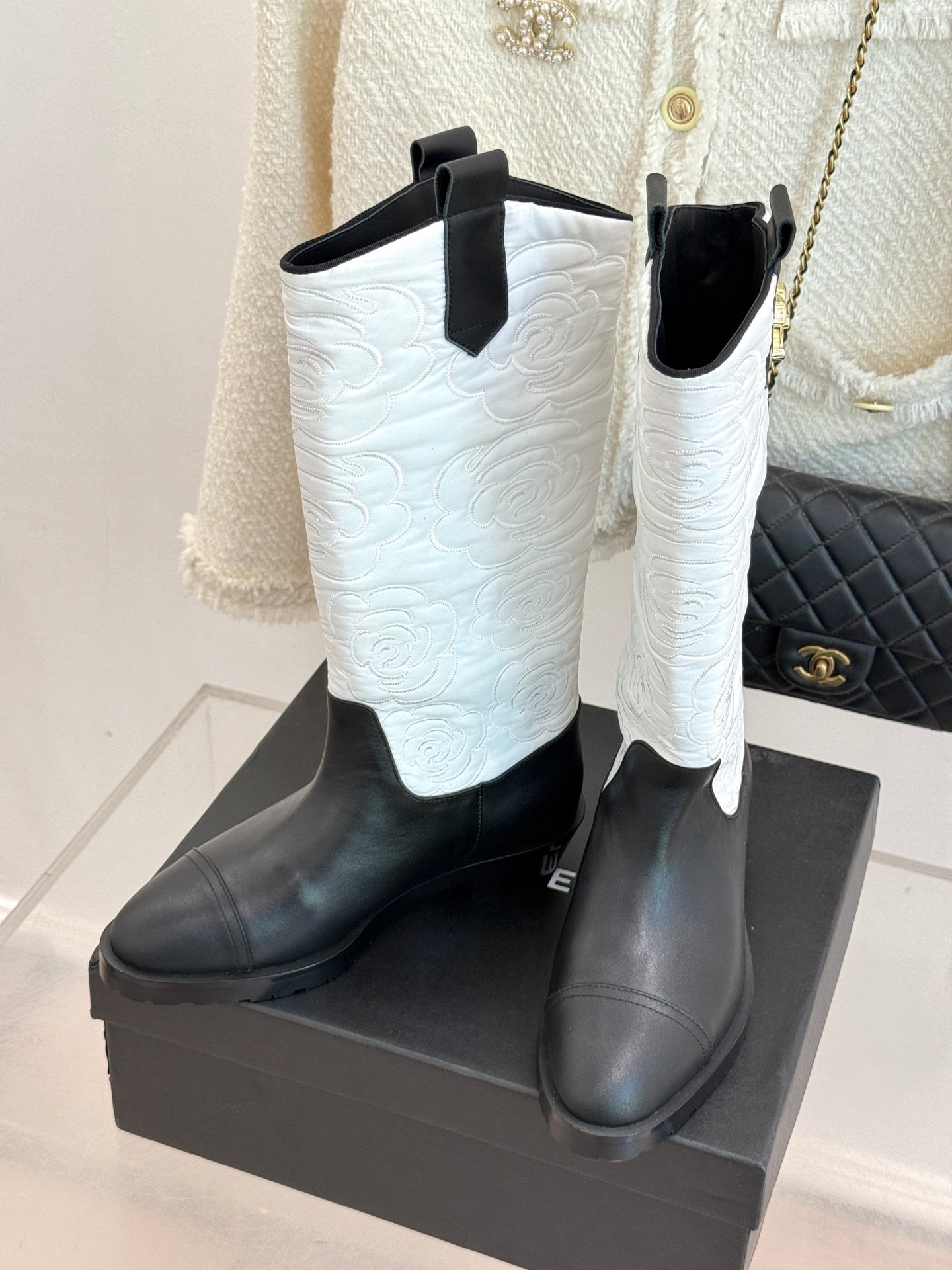 CC cowboy mid-calf boots black white sheepskin denim fabric 511981
