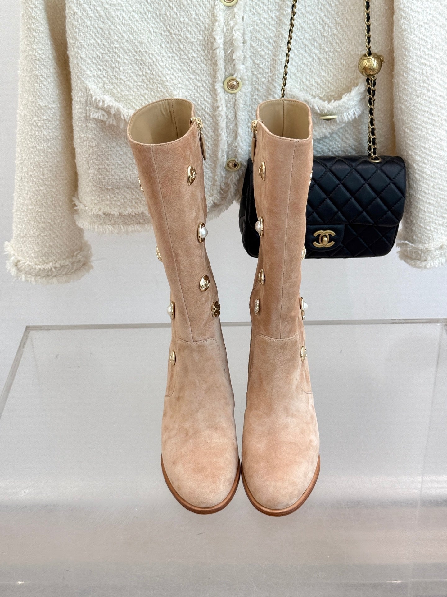 CC High Heel Boots Beige Suede Mix Charm 512033