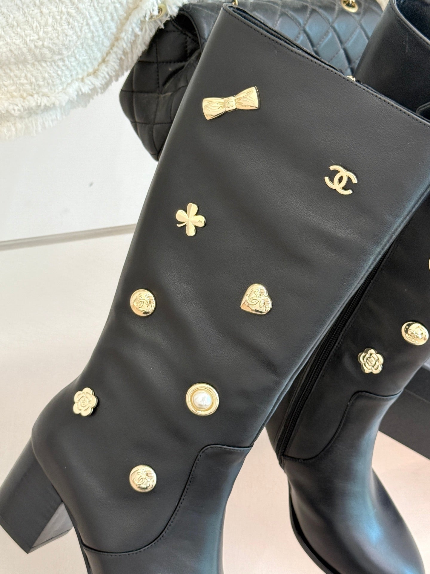 CC High Heel Boots Black Sheepskin Mix Charm 512034