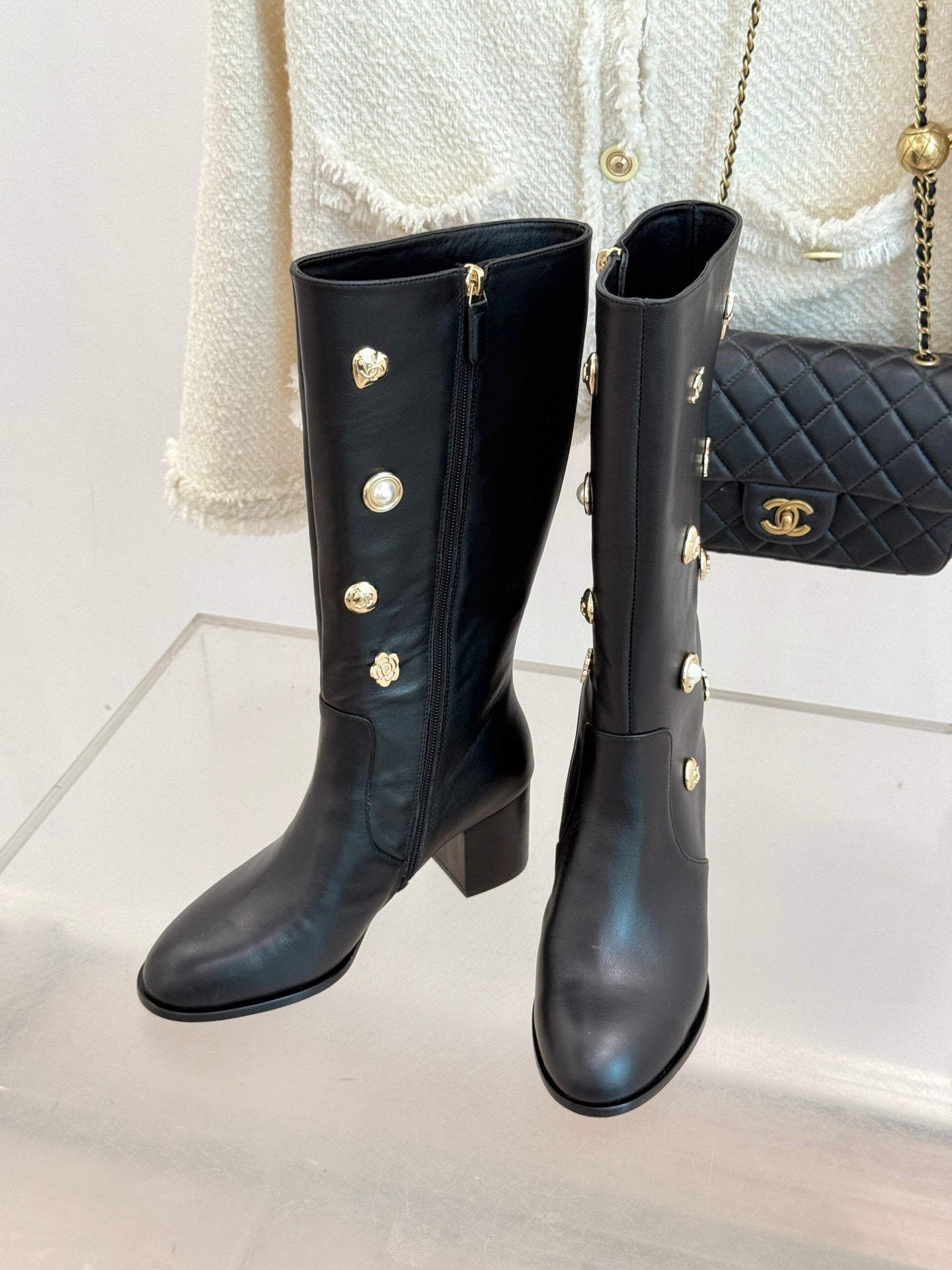 CC High Heel Boots Black Sheepskin Mix Charm 512034