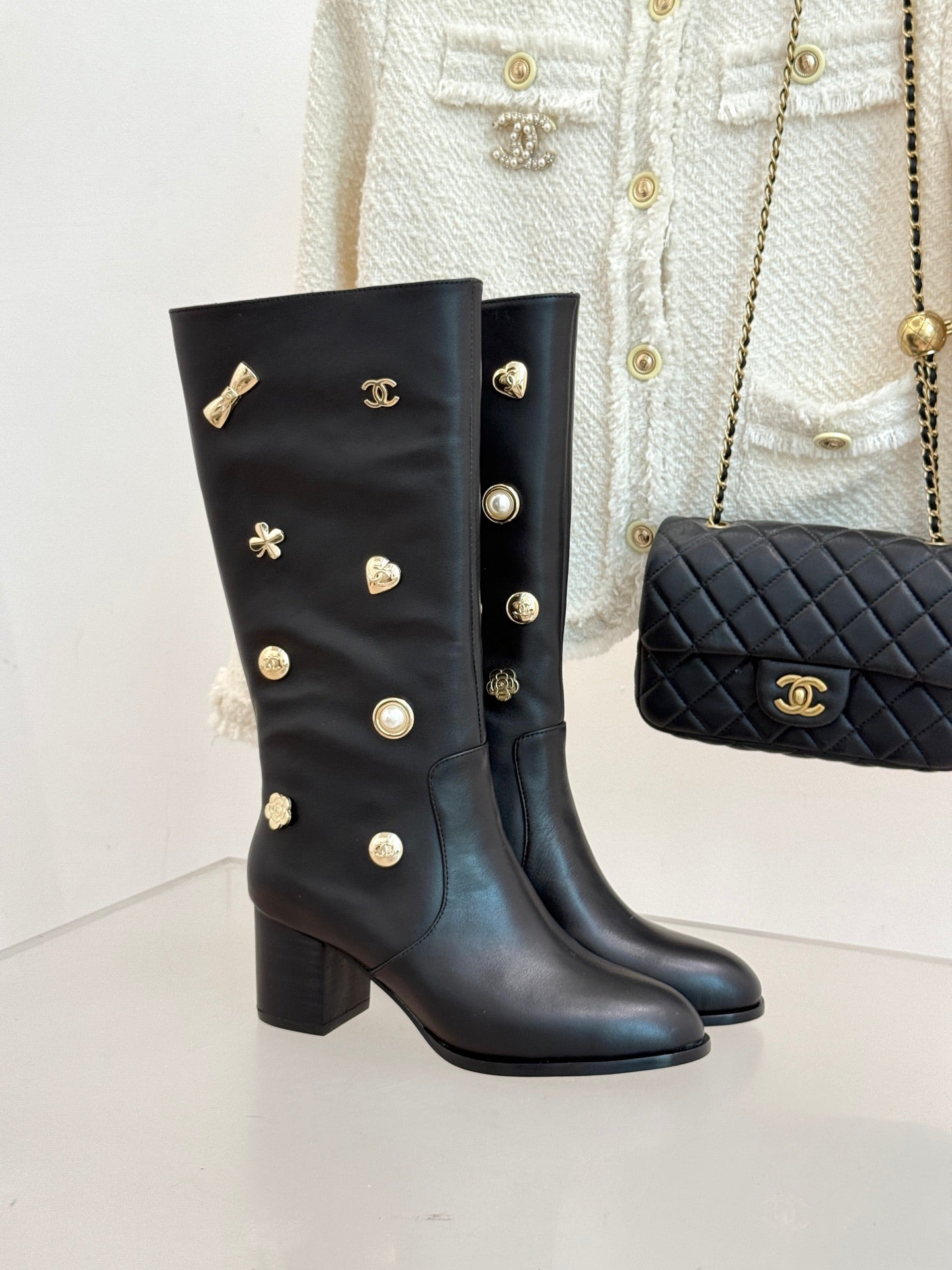 CC High Heel Boots Black Sheepskin Mix Charm 512034