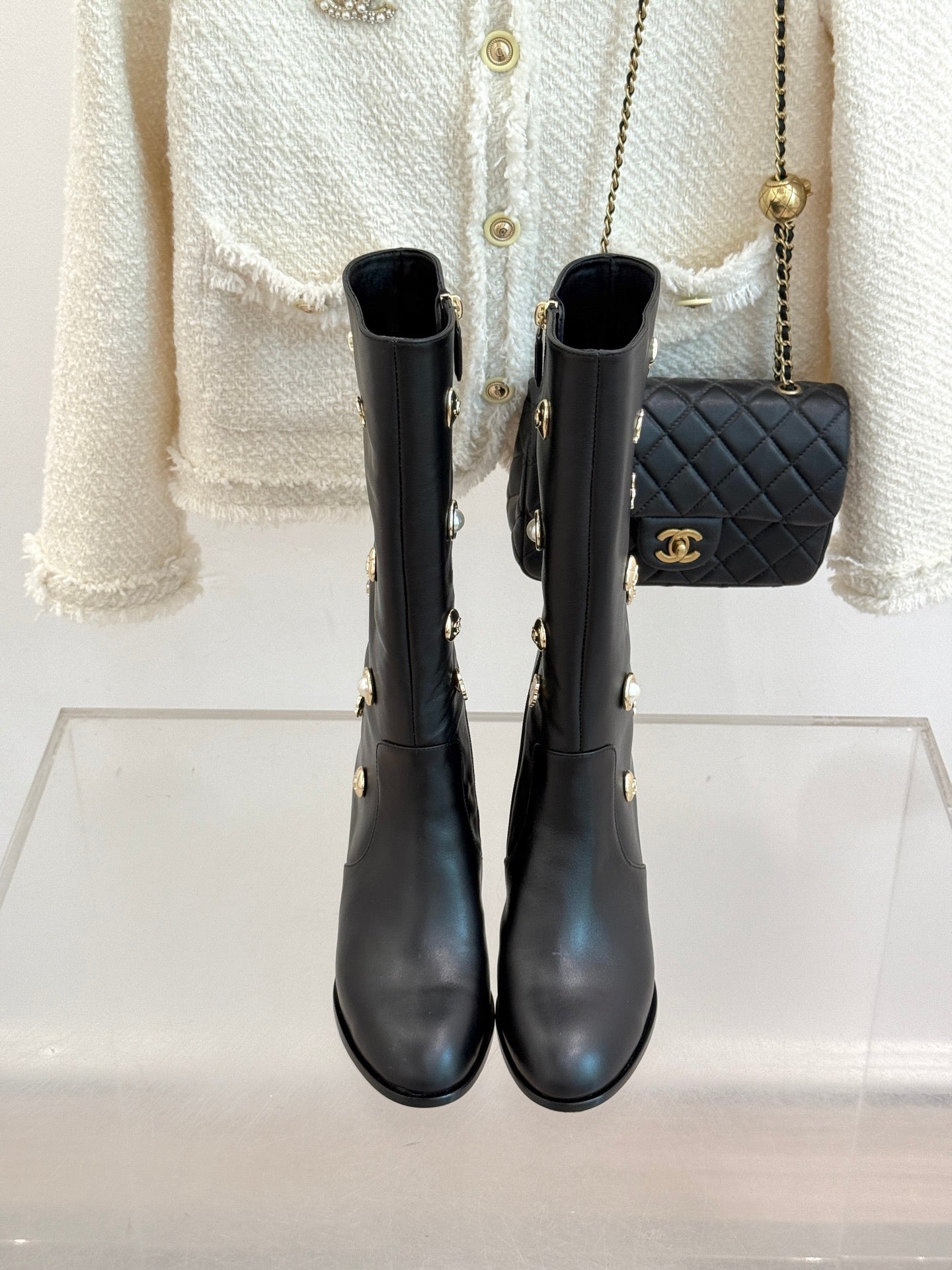 CC High Heel Boots Black Sheepskin Mix Charm 512034