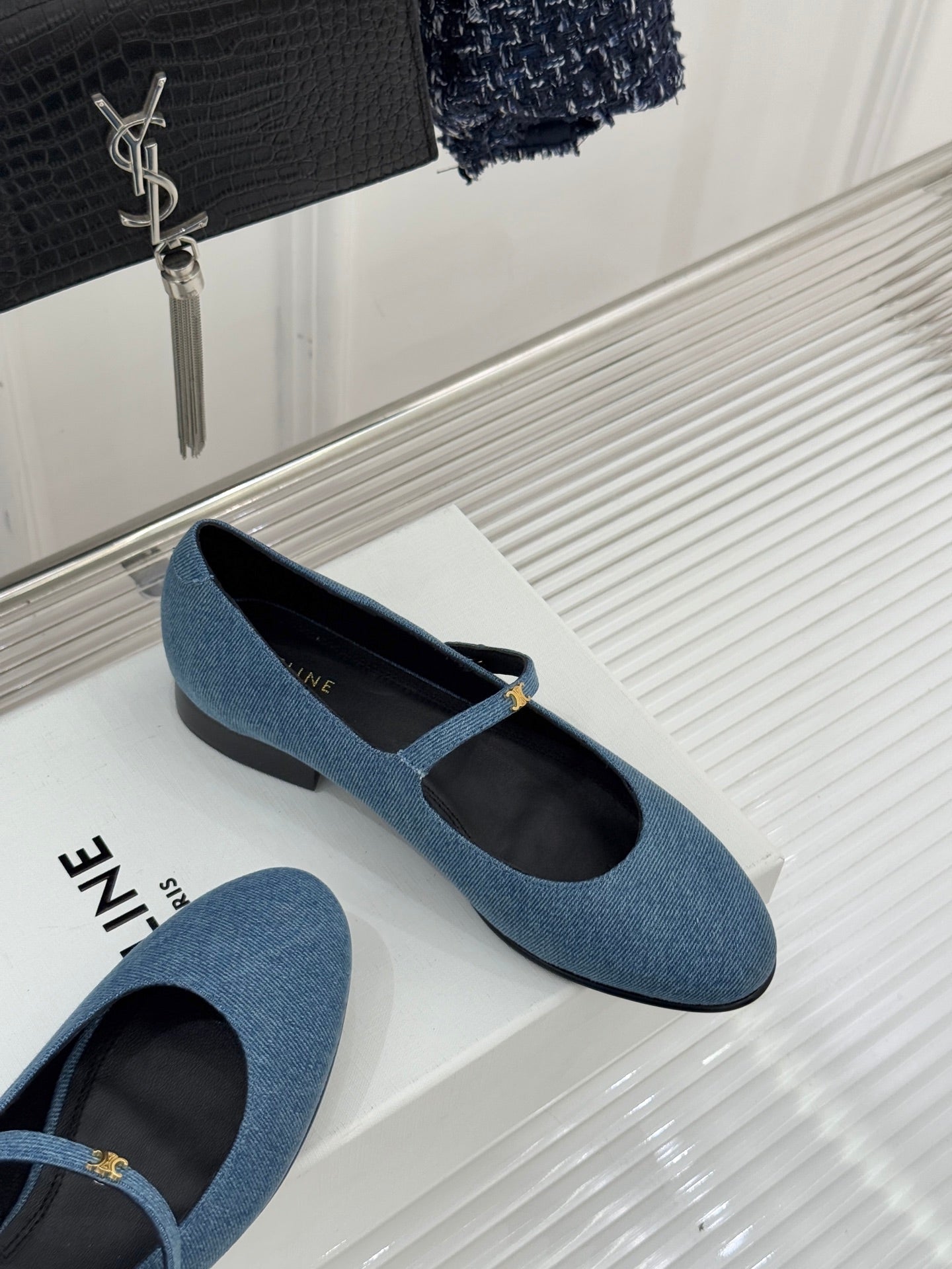 Celine 26 Mary-Jane Ballet Flats Fabric Leather 755871