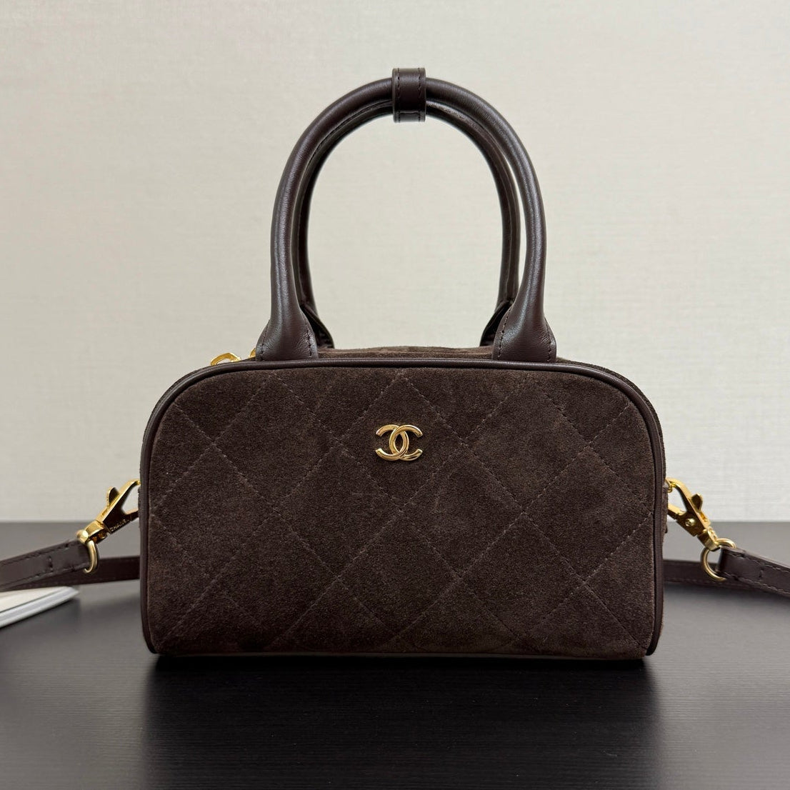 Chanel 2026 Pouch With Leather Strap 21cm Dark Brown Suede