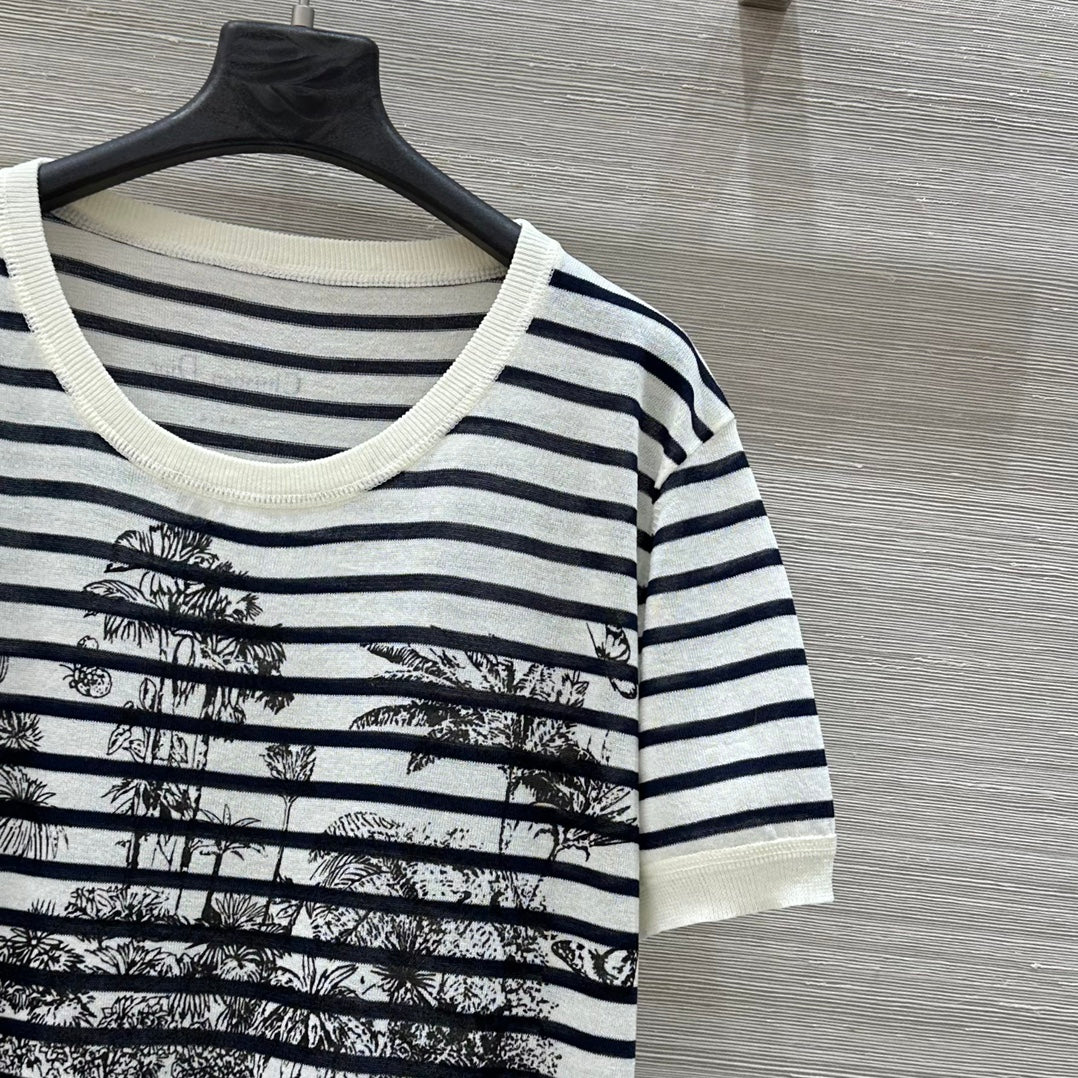 CD Coconut Knitted Short-sleeved Top Black mix White Cotton Polyester