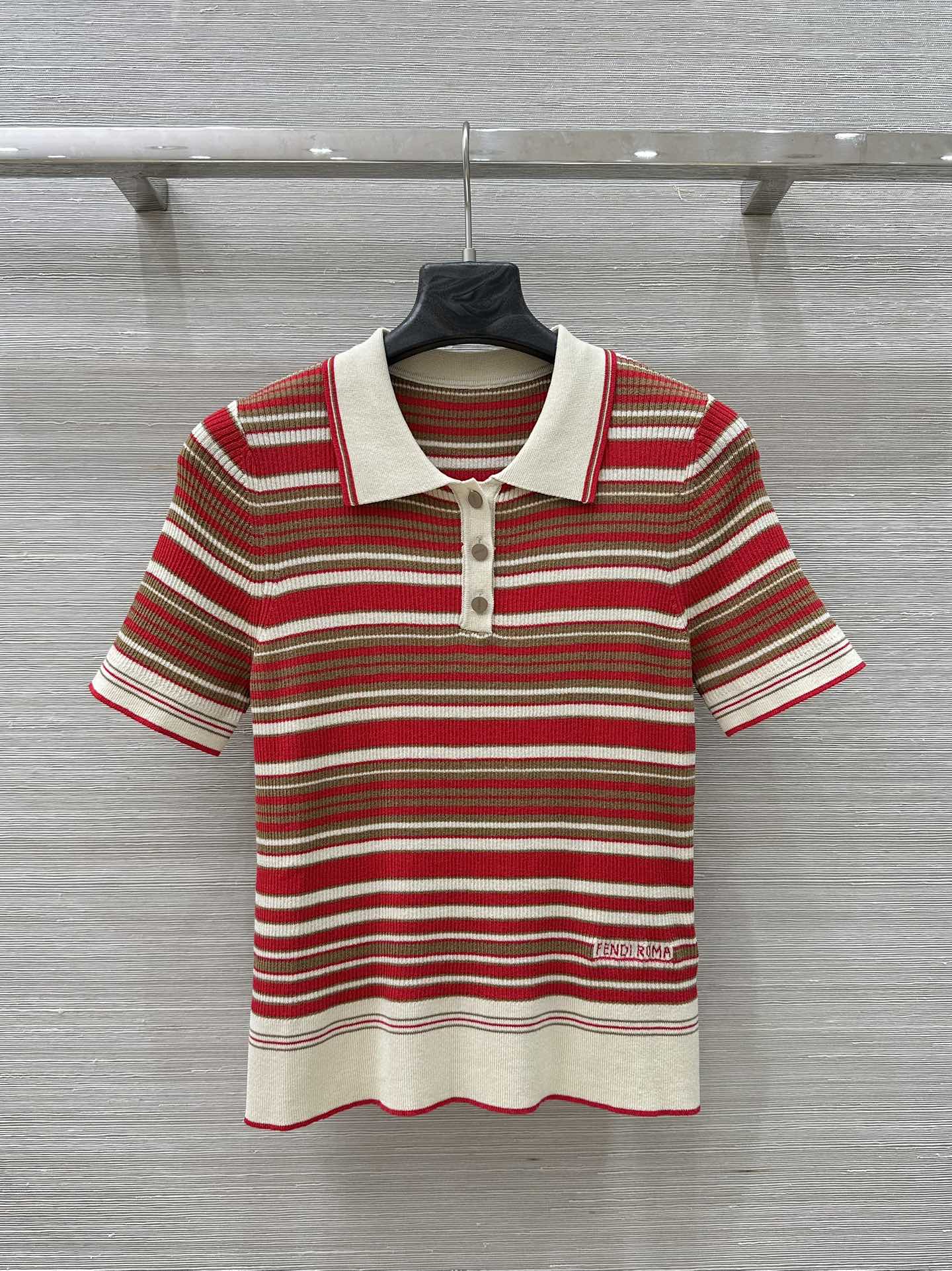 Fendi 25 Knitted Polo Short-sleeved Top Red Silk Cotton