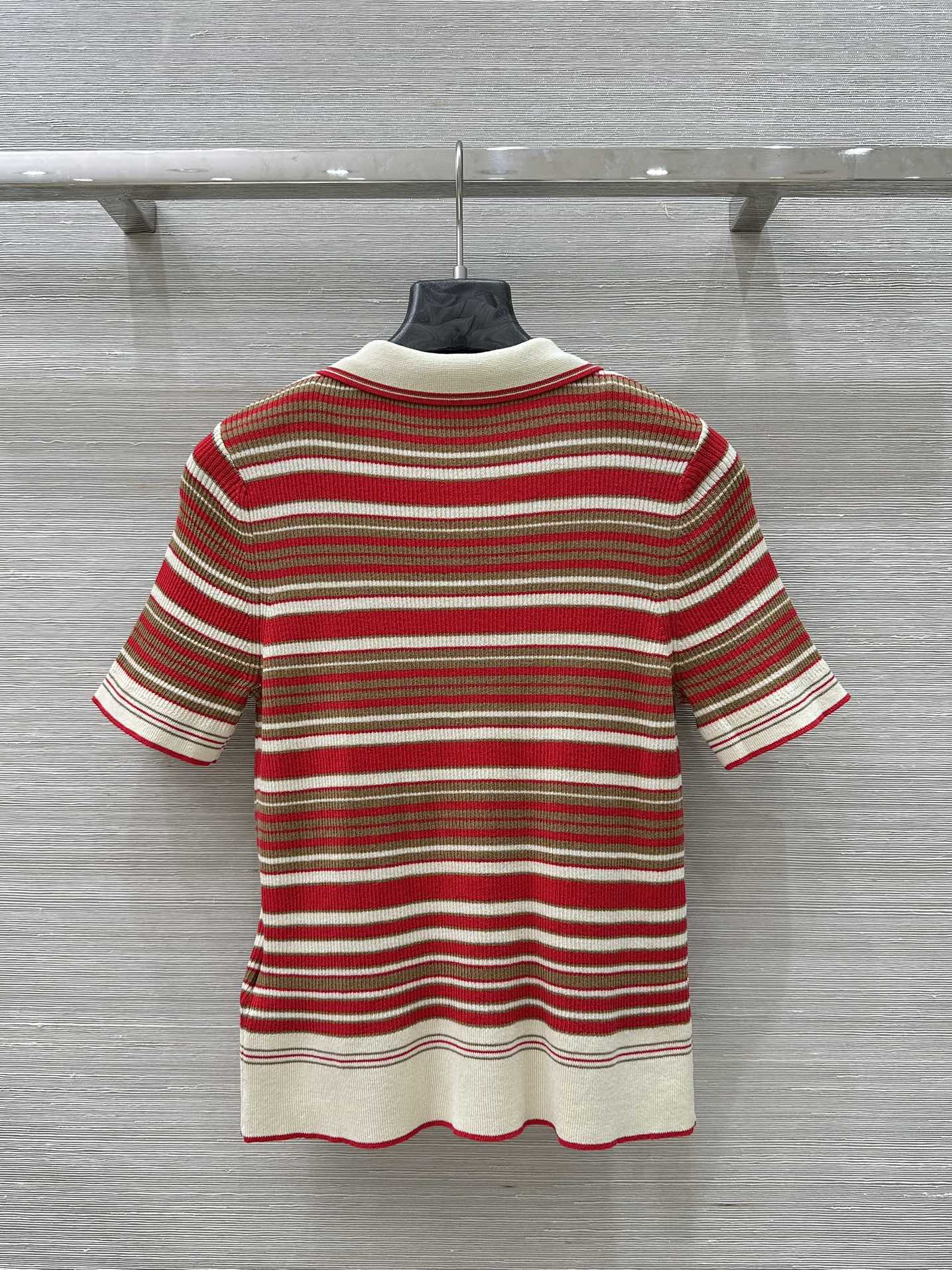 Fendi 25 Knitted Polo Short-sleeved Top Red Silk Cotton