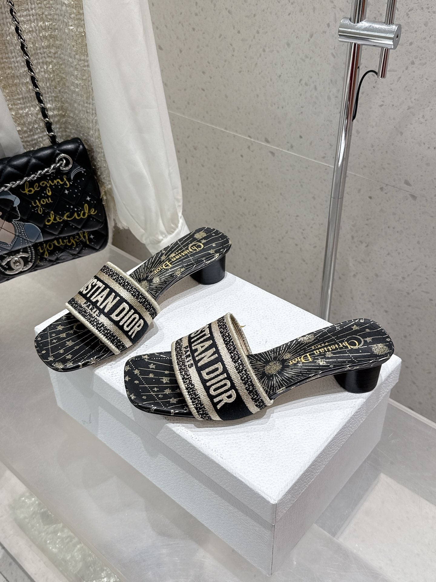 CD 26s Embroidered Flat Slippers Black Gold Canvas Leather 636395