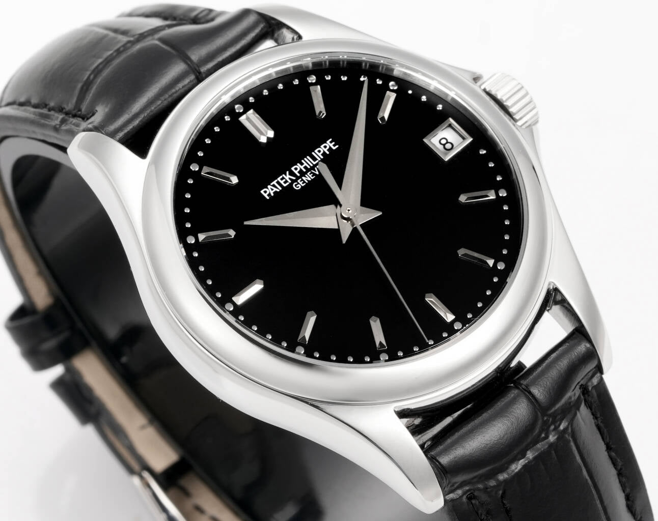 Patek Philippe Calatrava 37mm Black Dial Black Leather Strap