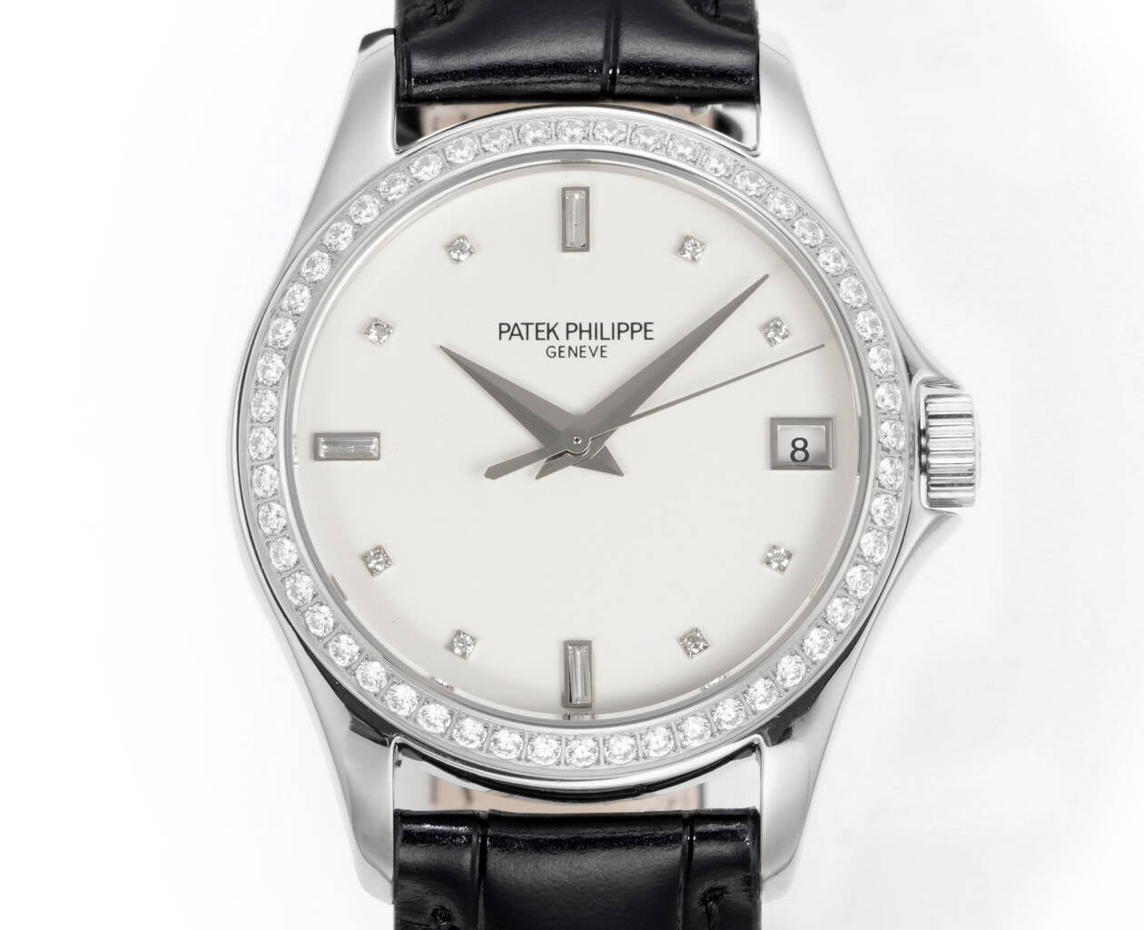 Patek Philippe Calatrava 37mm White Dial Black Leather Strap Watch