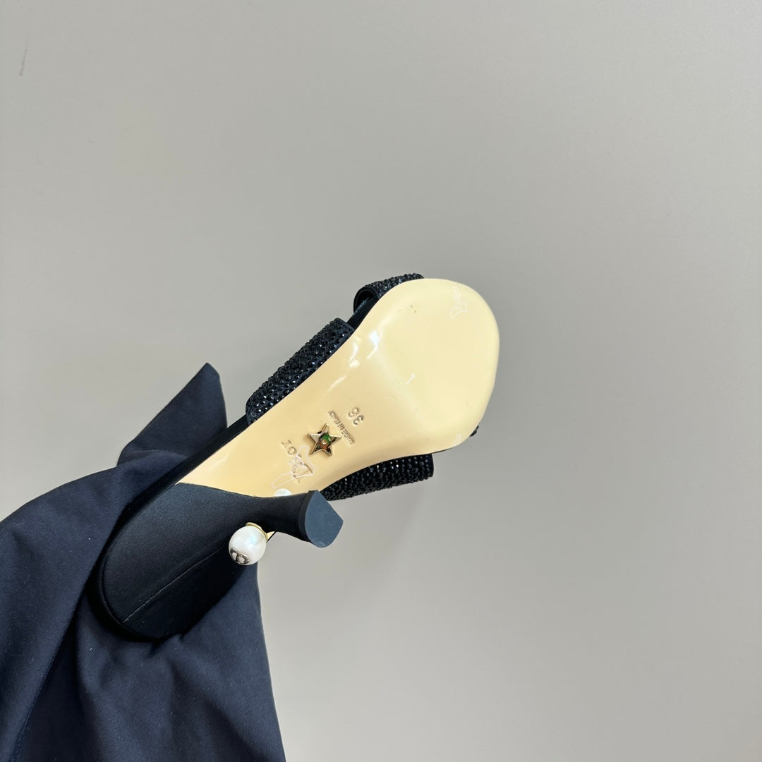 CD Tribales Heeled Slide 80mm Black Lambskin And Studded With Stones